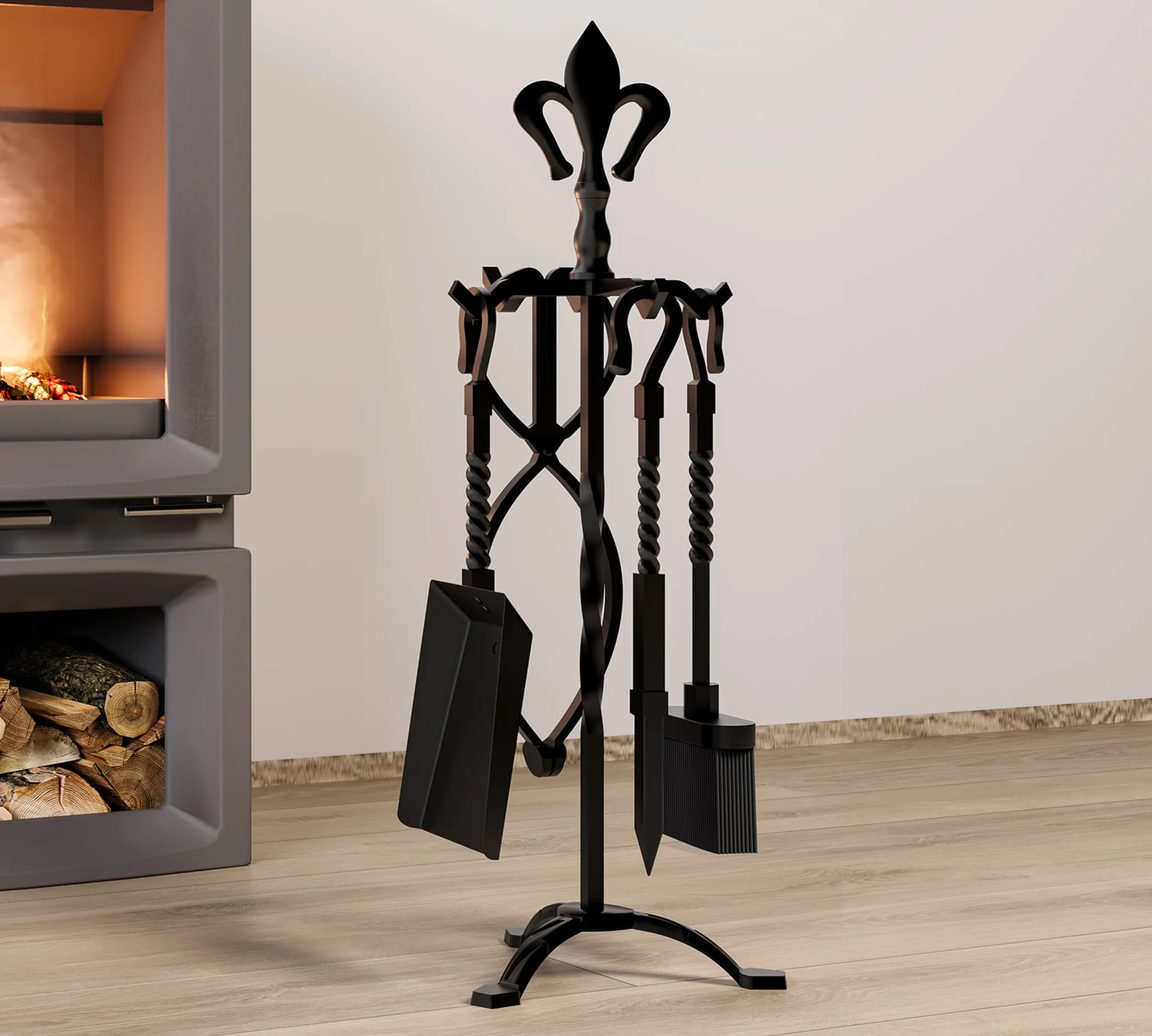 Kingson - Set de 5 piezas de accesorios para chimenea de hierro fundido – Acabado negro – Incluye atizador, pinzas, cepillo, pala y soporte – Juego de herramientas para chimeneas abiertas