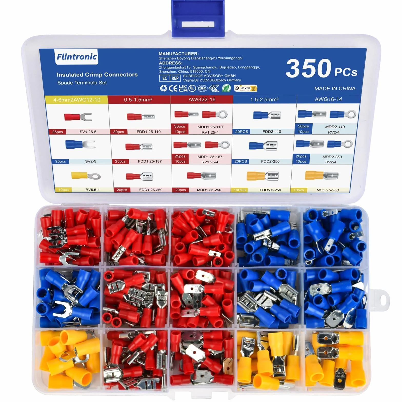 Flintronic 350 piezas Juego de Terminales Eléctricos,【0.5-6mm²】Terminales Eléctricos Aislada Macho/Hembra, Conector Cables Electricos con caja de surtido, para Industria electricistas Sistema…
