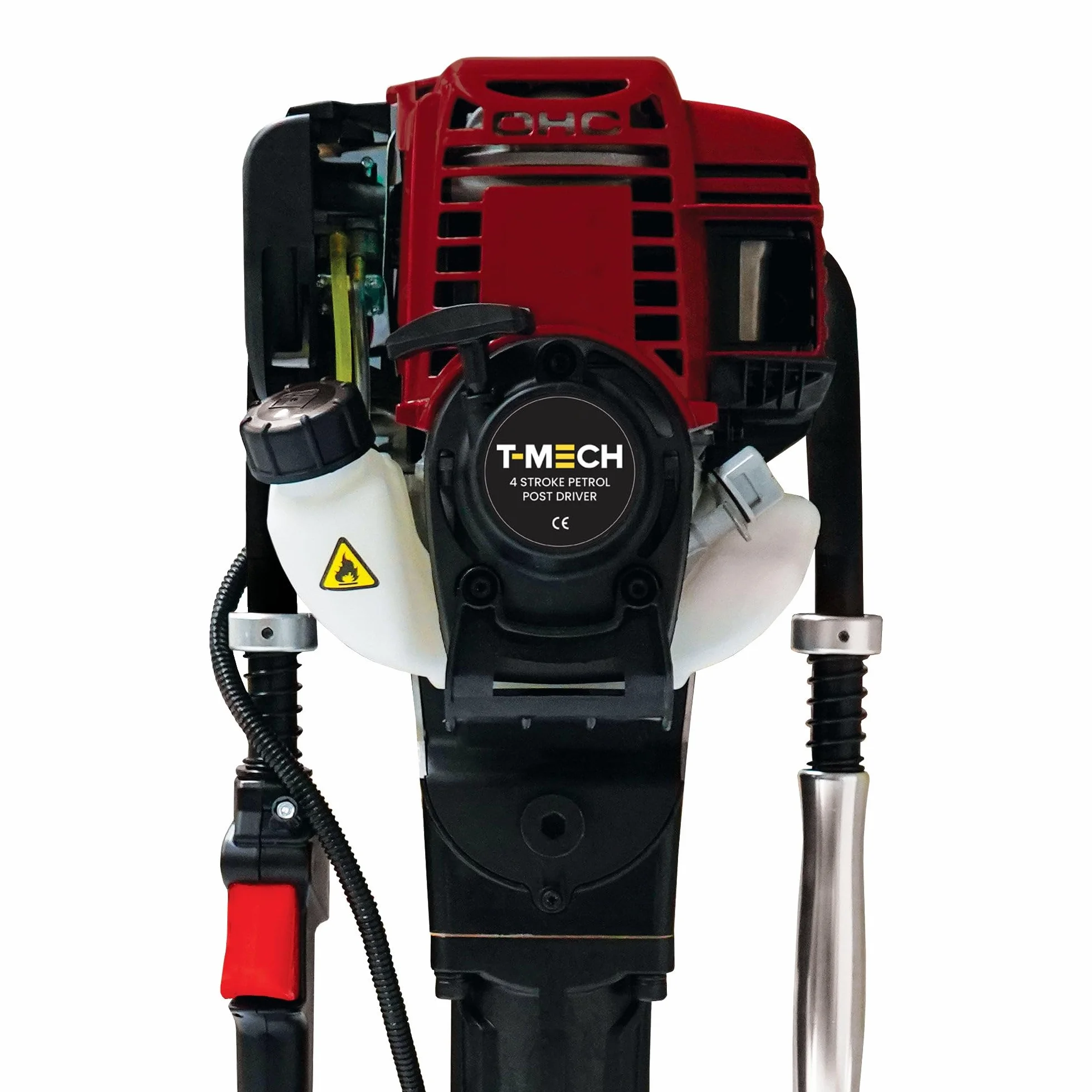 Clavador de poste de gasolina 4 tiempos T-Mech 900W 1,2HP 37,7cc | Fuerza de impacto 1350 rpm | 4 Accesorios 20-49mm, 50-69mm, 70-80mm, 100mm | Estuche con ruedas, Kit herramientas y grasa INCLUÍDOS