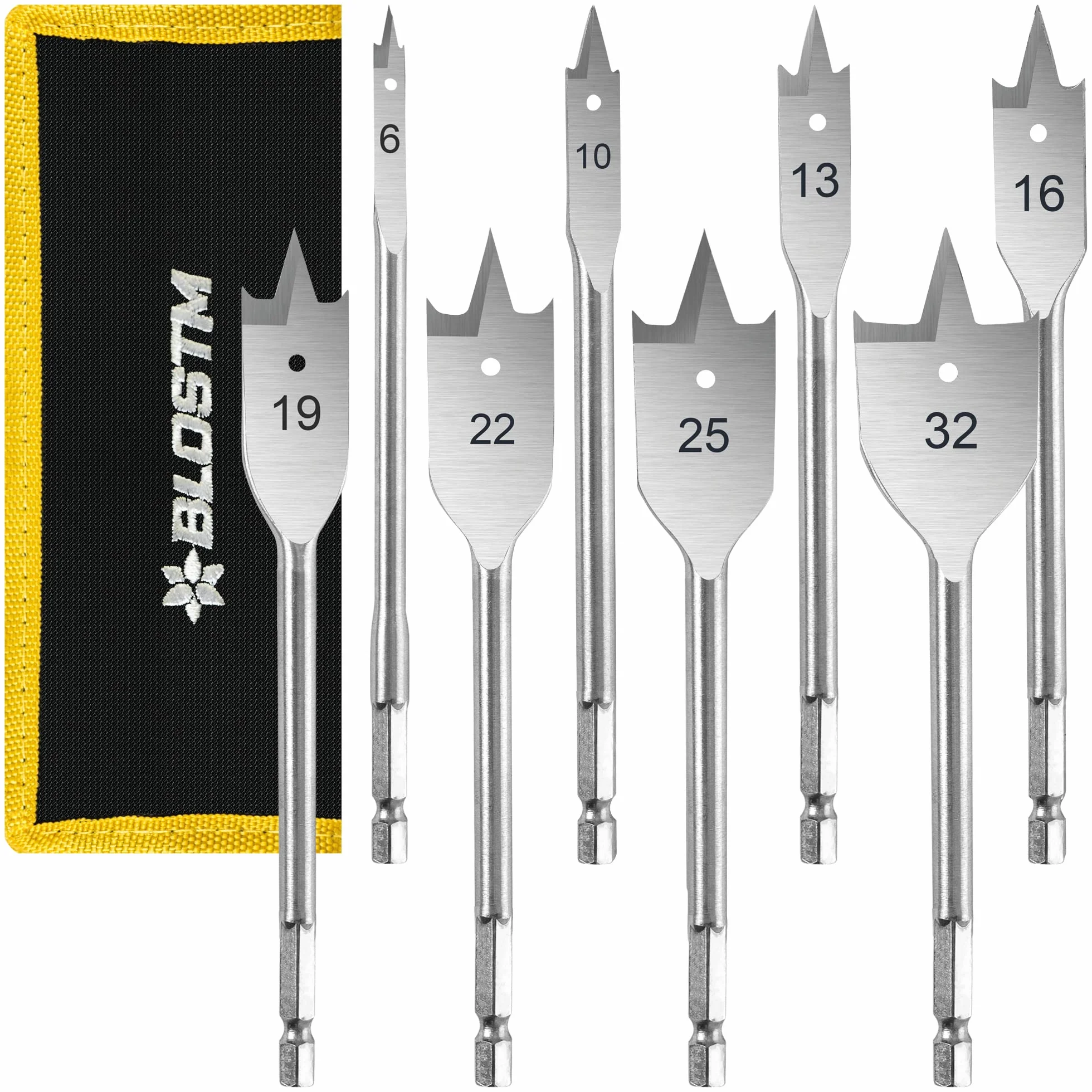 BLOSTM Juego de Brocas para Madera - Juego de 8 Broca Madera para Carpintería, Brocas de Pala para Madera de Acero al Carbono Tratadas Térmicamente para Madera con Caja de Nailon - 6-32 mm