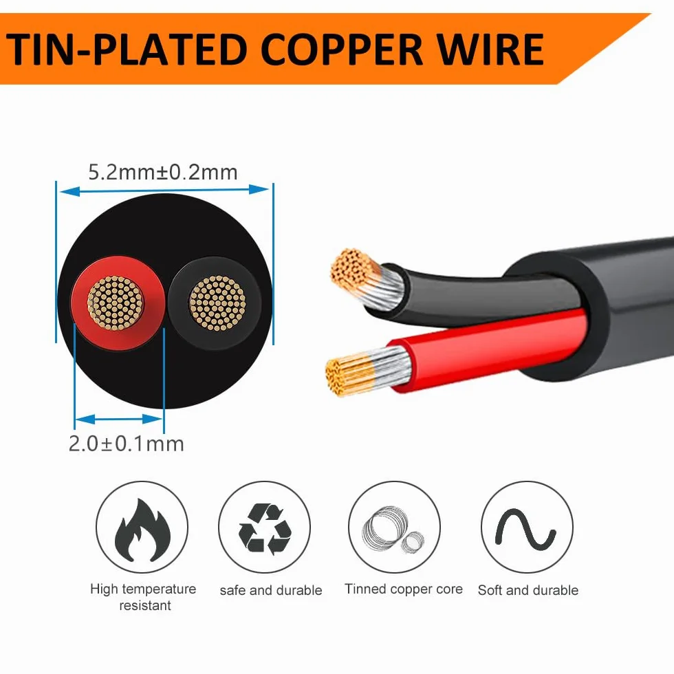 Cable eléctrico de calibre 18, 2 conductores, cable trenzado negro de bajo voltaje 18/2 de 100 pies, funda de PVC, cable de alimentación de extensión flexible para lámpara LED, automoción