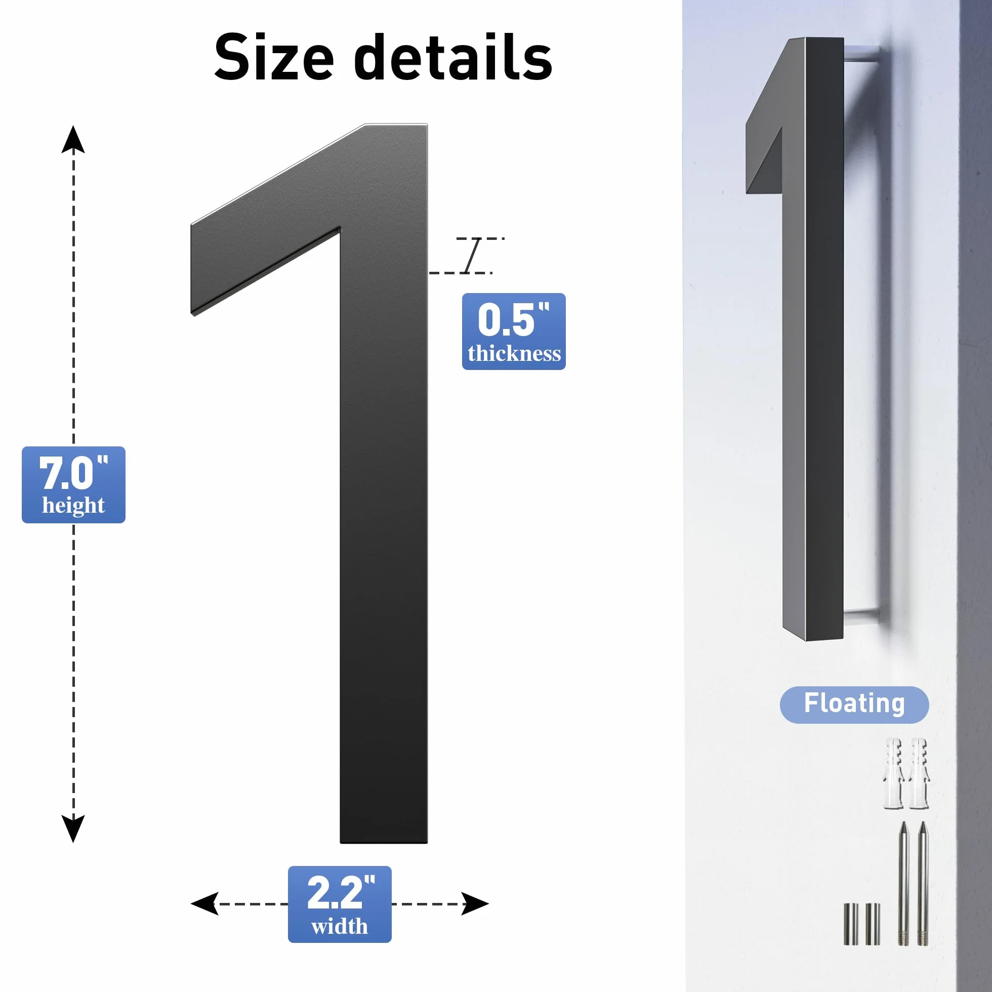 Números de Casa Flotantes Números Para Casas Altura 7in /17,8 cm Numero Casa Exterior Personalizable Numeros Negro para Decoración de Buzones/Puerta/Jardín 1