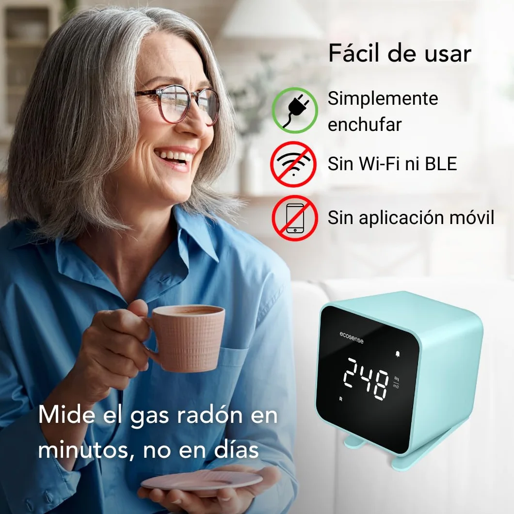 Ecosense EB100 EcoBlu, Detector de radón doméstico, captura y visualización de resultados cada 10 minutos, monitoreo continuo a corto y largo plazo, fácil de usar