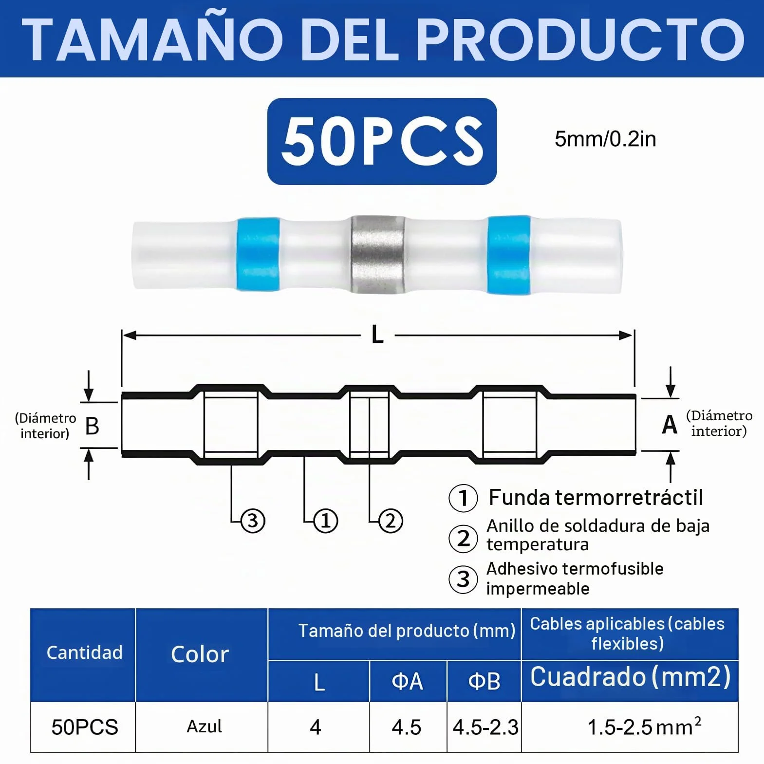 Conectores de Soldadura Impermeables 1,5-2,5 mm², Tubo Termorretráctil con Estaño, 50 Piezas