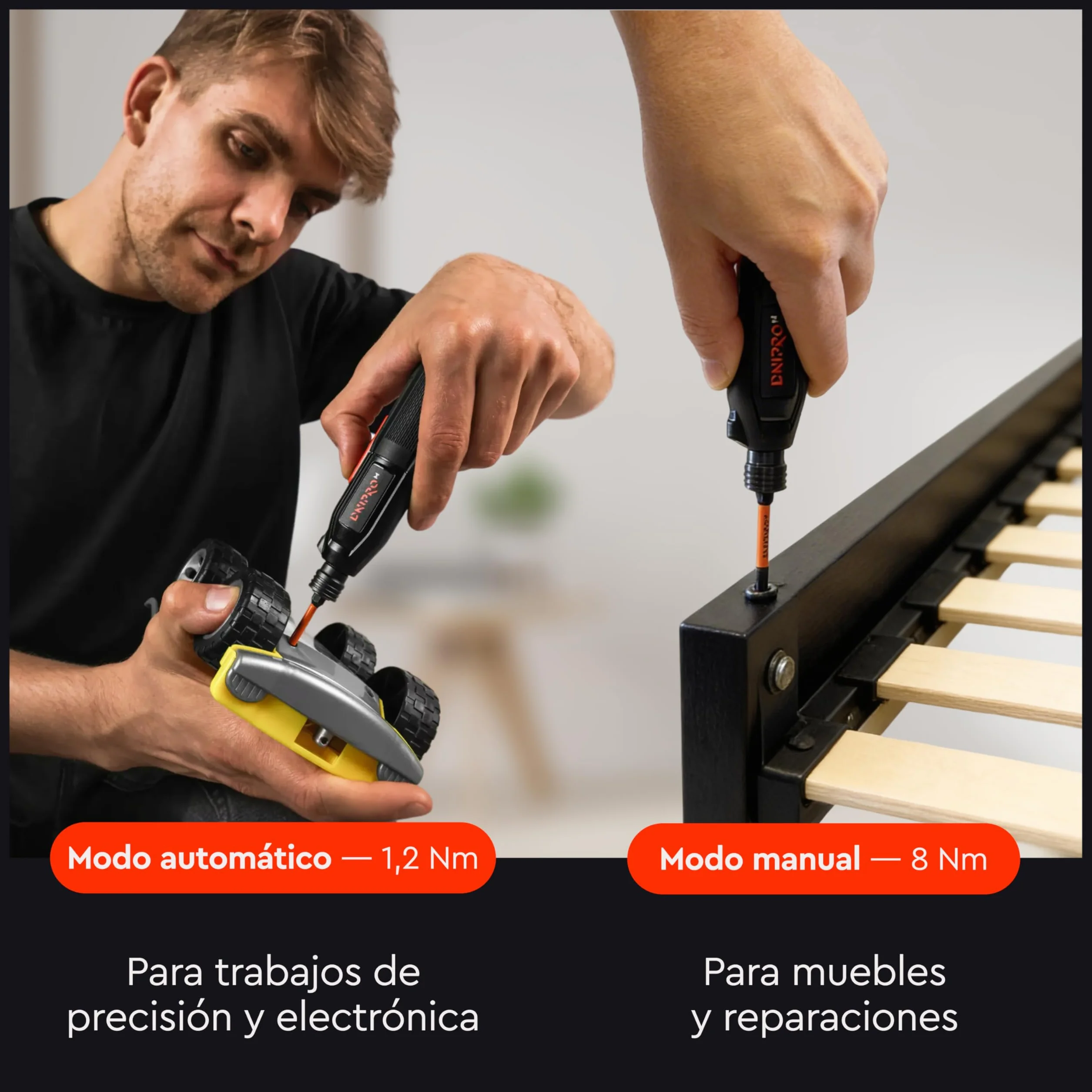 Destornillador Eléctrico Inalámbrico, 3,6V, Doble Modo 1,2 Nm + 8 Nm Manual, USB-C, Luz LED, 280 RPM, Portabits Magnético HEX 6,35 mm, Kit con Puntas - CSD-36X