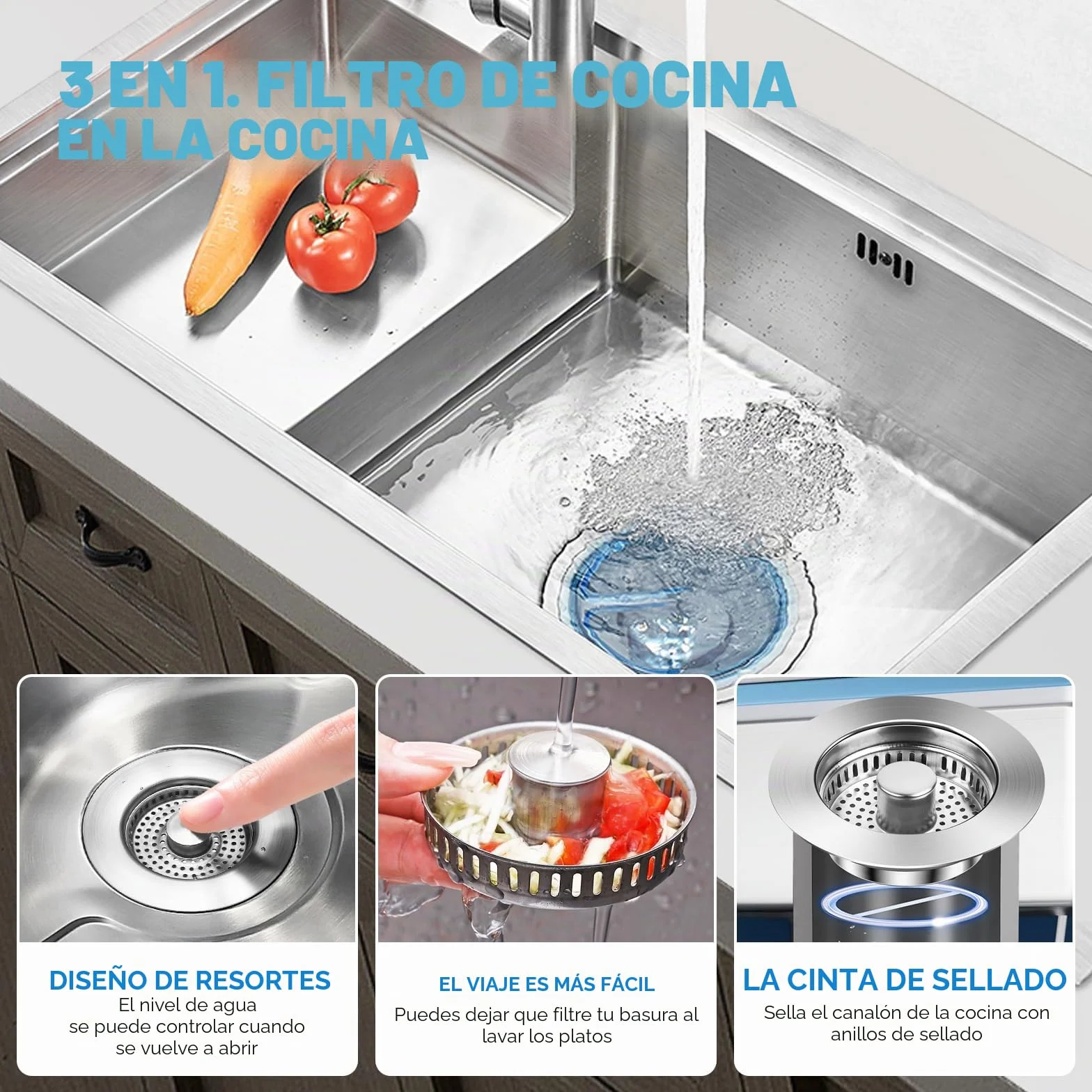 Tapon Fregadero Cocina Acero Inoxidable 3 en 1, Cesta Universal con Filtro, Orificio 75-86 mm