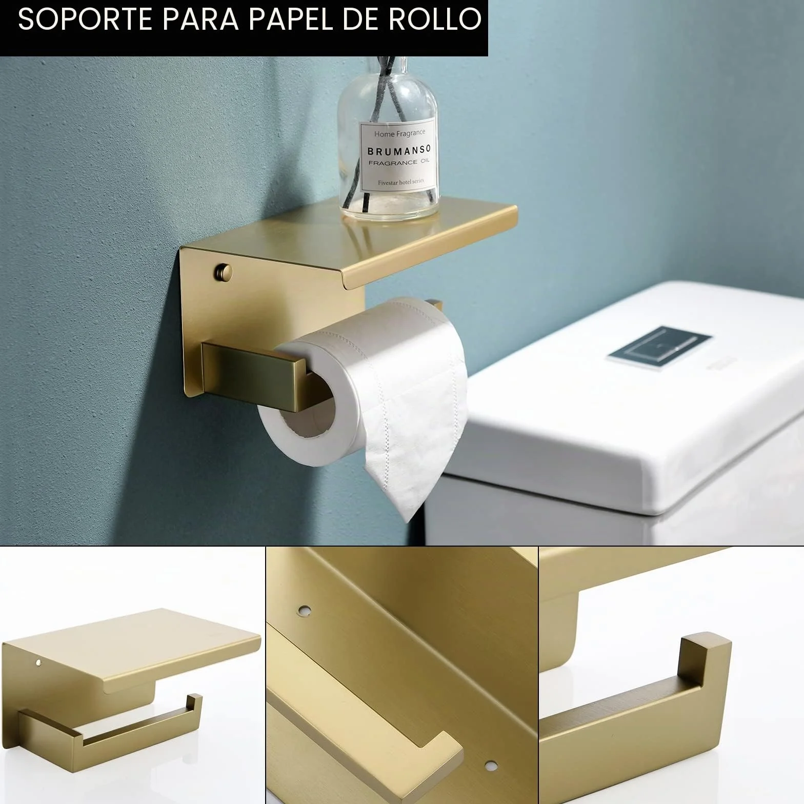 Juego de 5 Piezas de Accesorios de baño de 23.6 Pulgadas, Barra de Toalla Dorada, toallero, Anillo de Toalla, Gancho y Soporte para Papel higiénico con Estante montado en la Pared, Juego de