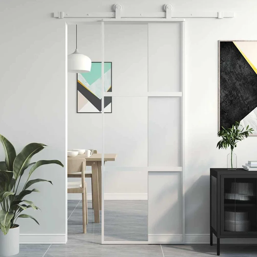 ACAGALA Puerta corredera de Cristal, 76 x 205 cm, Cristal de Seguridad ESG, Marco de Aluminio, Separador de Espacios, Puertas correderas Interiores Minimalistas, Blanco, (Sin Accesorios)