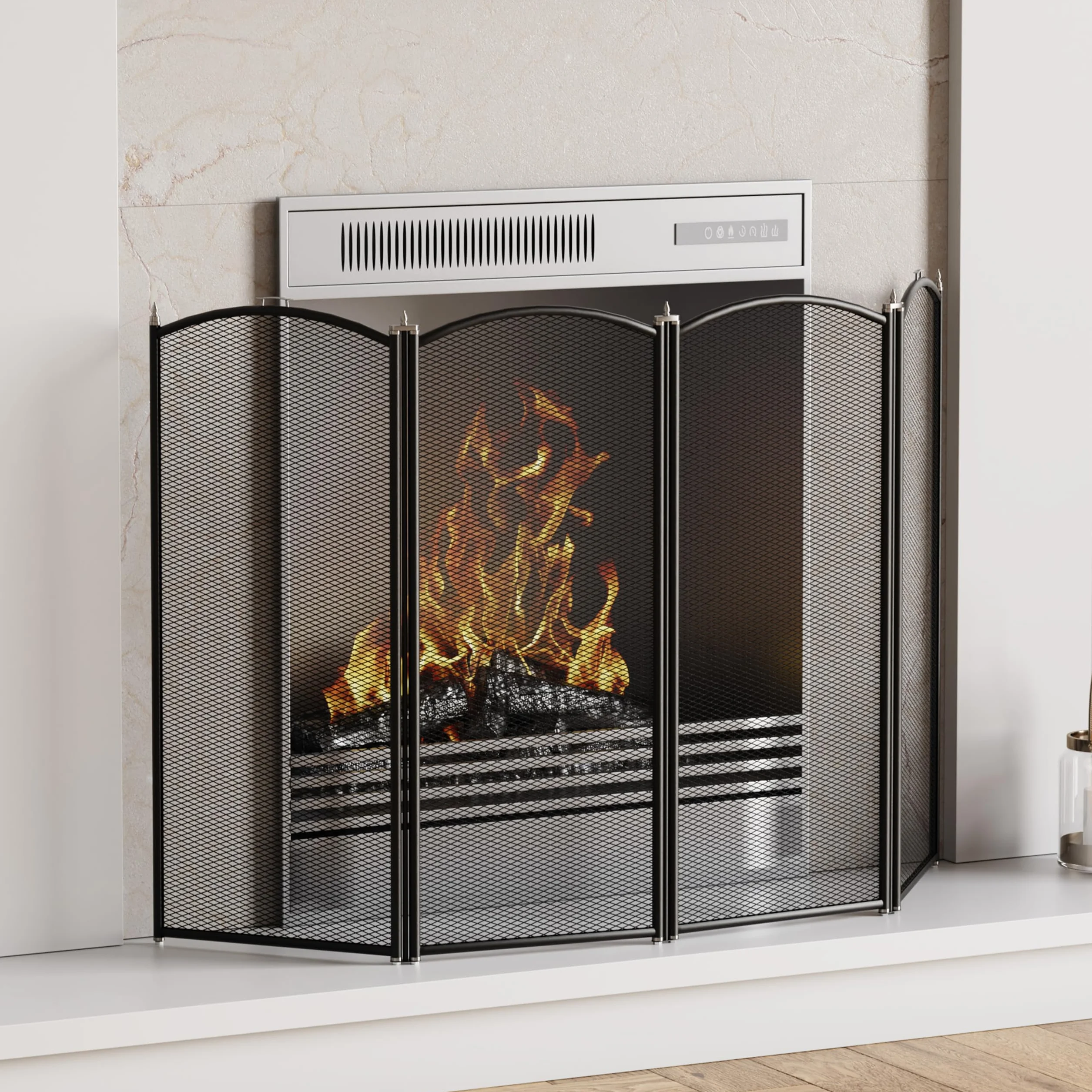 Fire Vida Protector de chimeneas de Metal con 4 Paneles, Color Negro