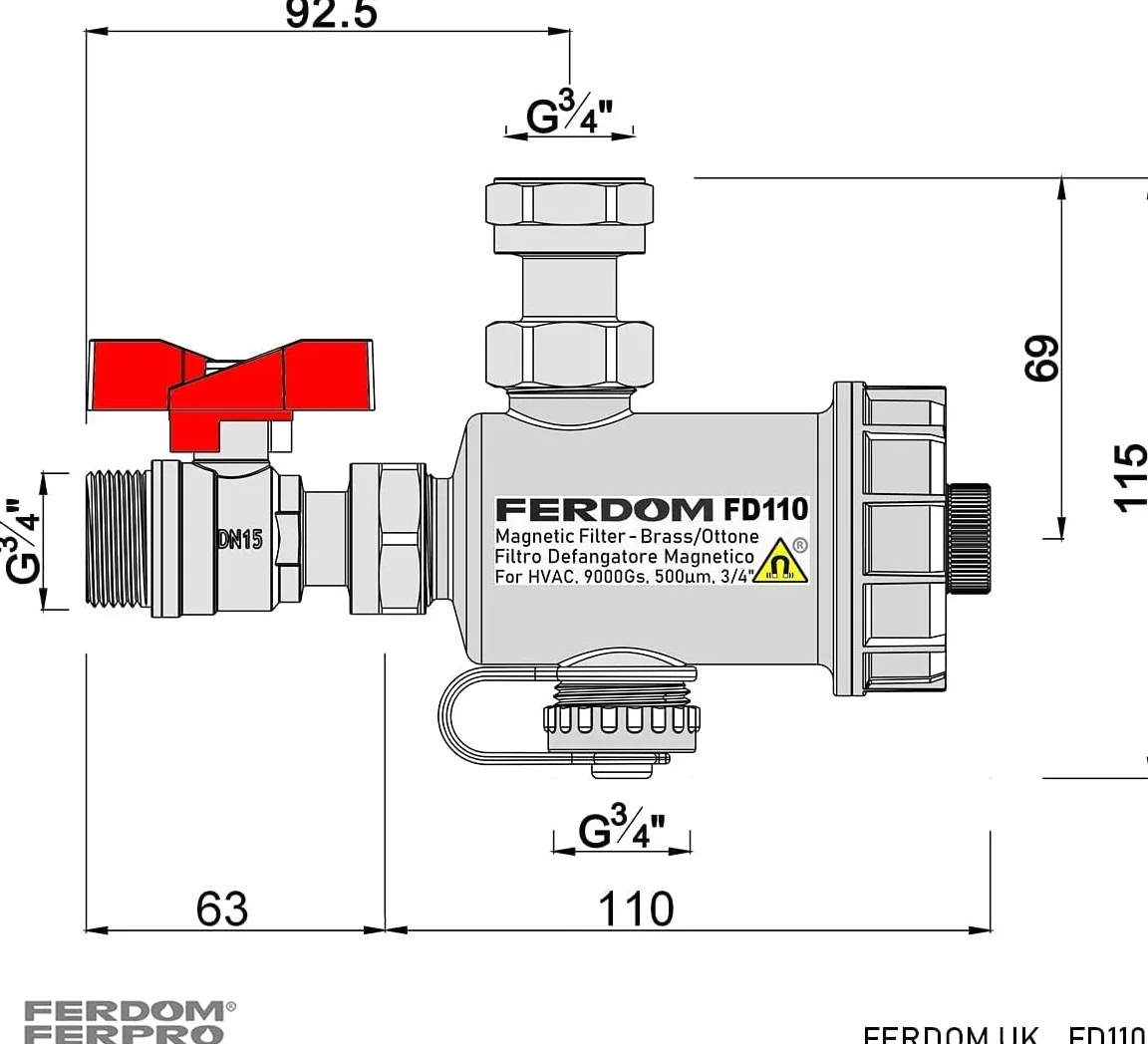 Ferdom FD110 Filtro Magnético Sistemas De Calefacción. Montaje Debajo De Calderas De Pared. Con Separador De Suciedad No Magnético. Compact, Fácil De Colocar. Imán 9000gs, Filtro De Malla 1000 Micras.