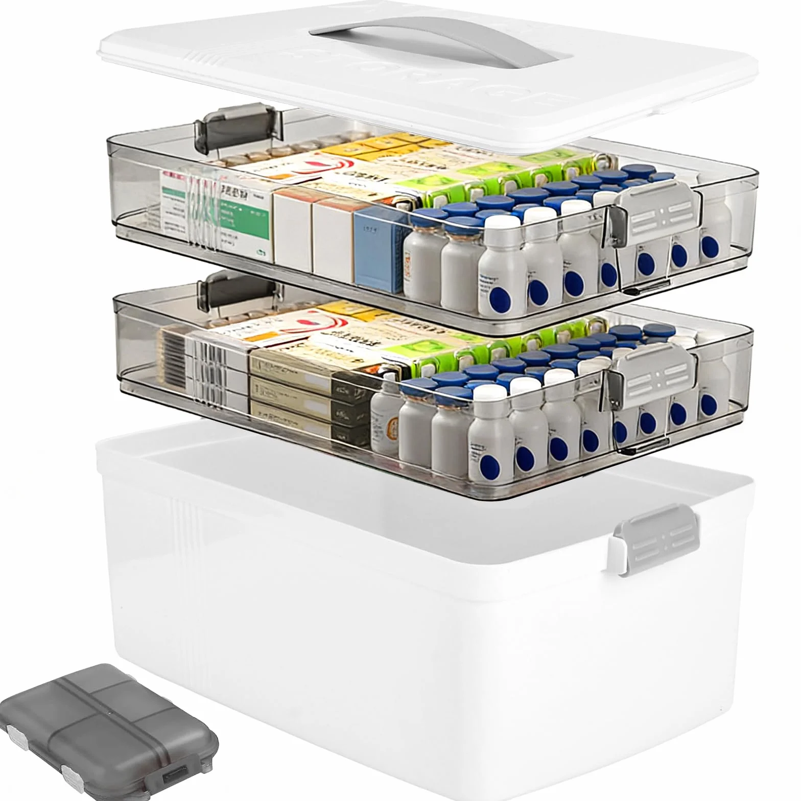 Medicine Box,Caja para Medicinas,Caja Organizadora de Medicina Grande de 3 Capas,Cajas Medicamentos,Caja Medicinas Grande Asa de Transporte y Bandeja Extraíble Multifunción Organizador