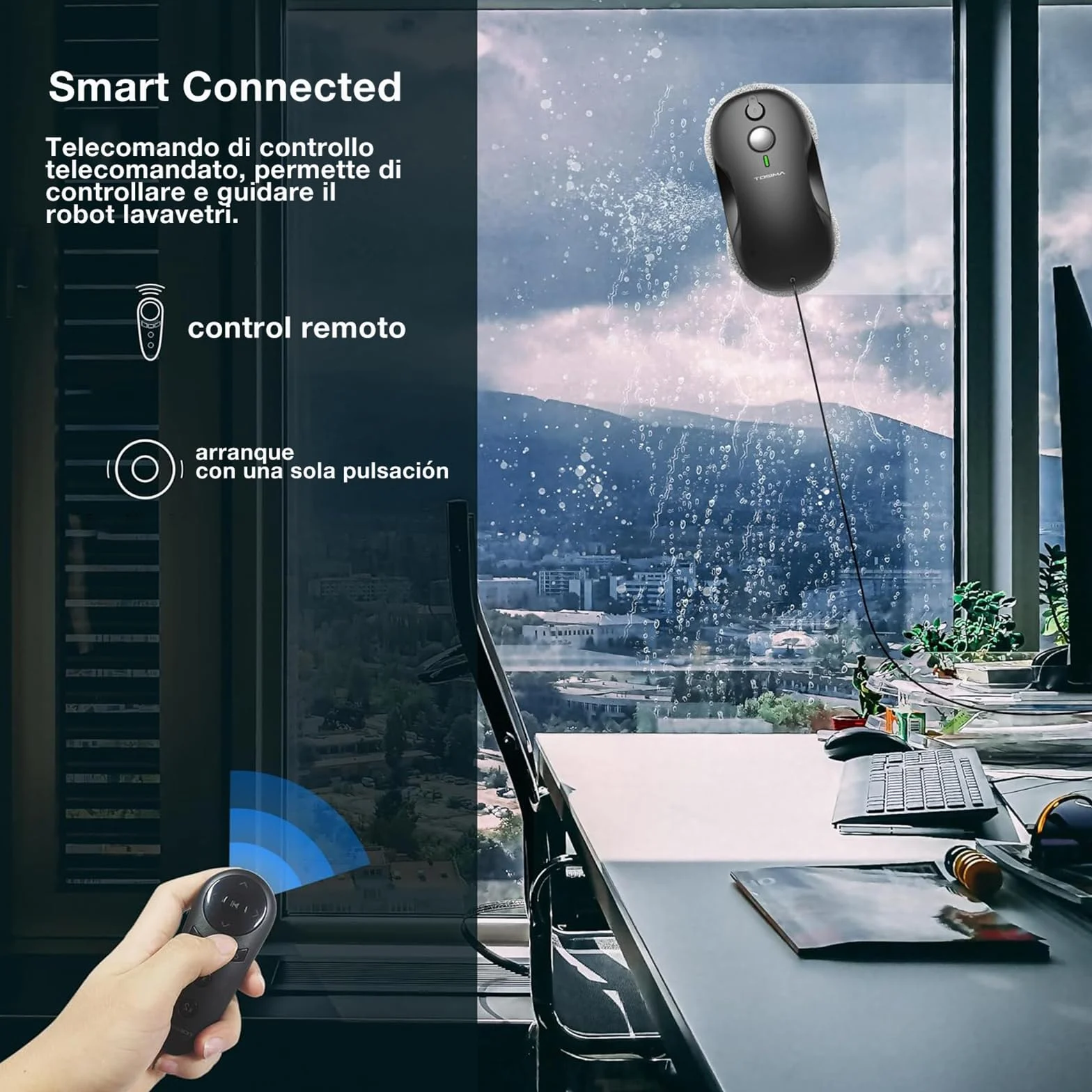 Tosima Robot Limpiacristales, Robot Limpieza de Ventanas Electrico, Sistema de Seguridad, Navegación Inteligente, Control Remoto, para Todas Las Superficies Lisas, con 12 Trapo (W3, Black)