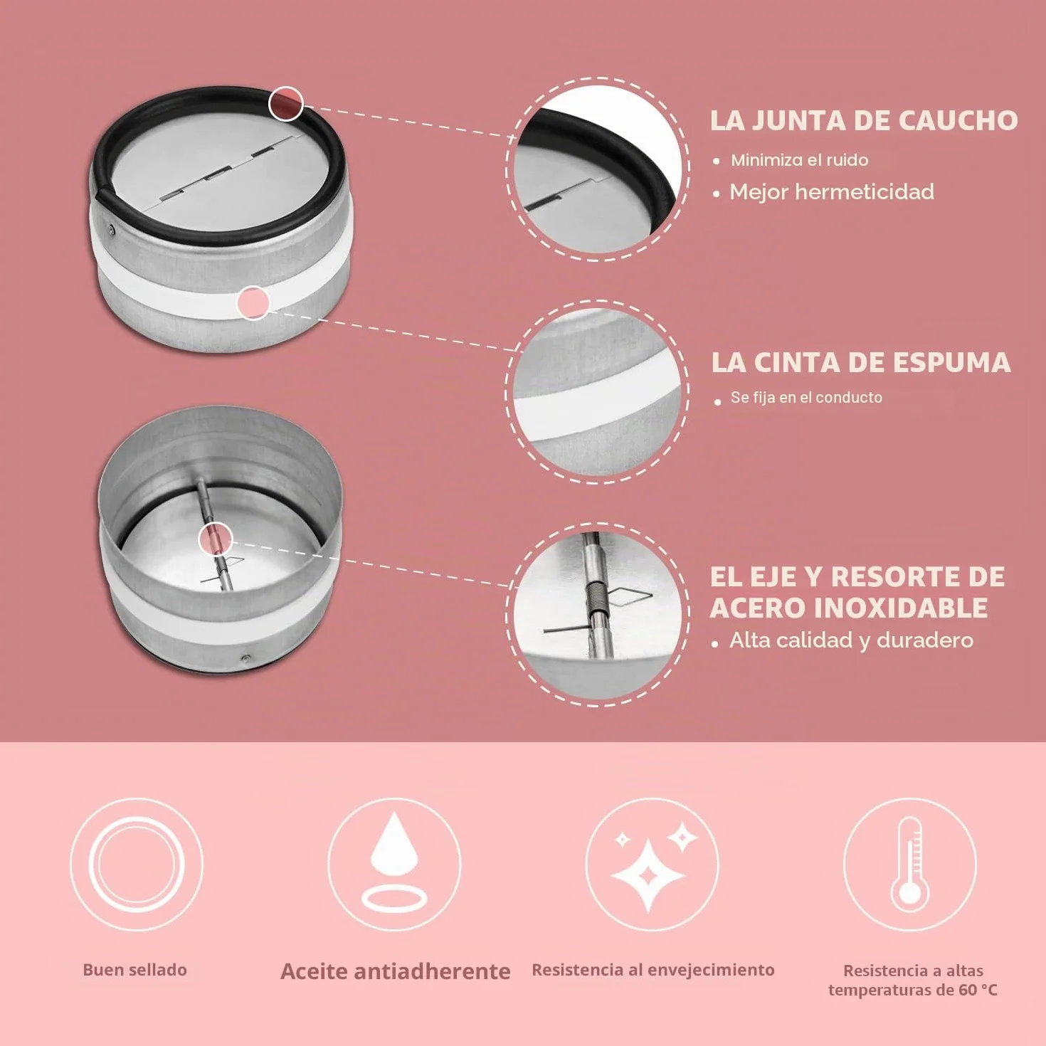 WeCooper - Válvula antirretorno para campana extractora, DN150 mm, acero galvanizado, con solapas de aluminio de goma sellada