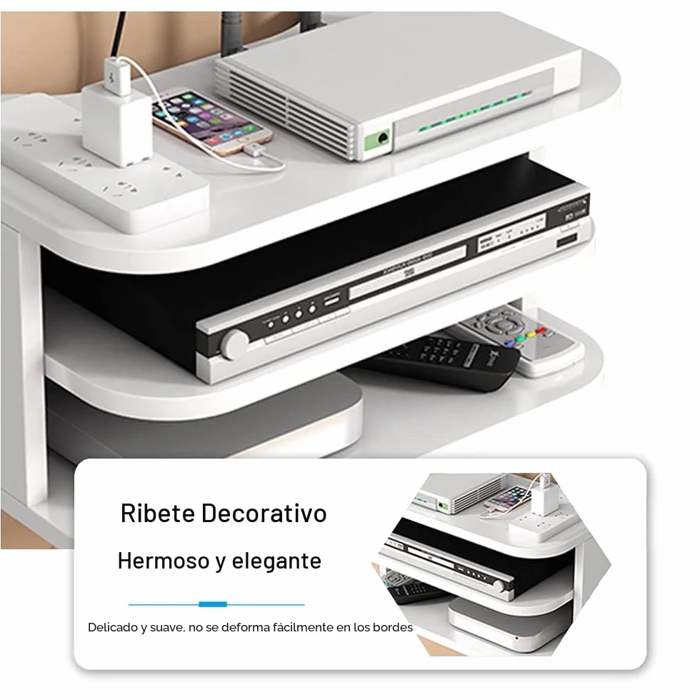 Estante de Pared para Router WiFi y Decodificador, 3 Niveles, Blanco | Madera maciza de 12 mm, diseño abierto y 3 niveles; permite organizar cables, no bloquea la señal y es fácil de limpiar.