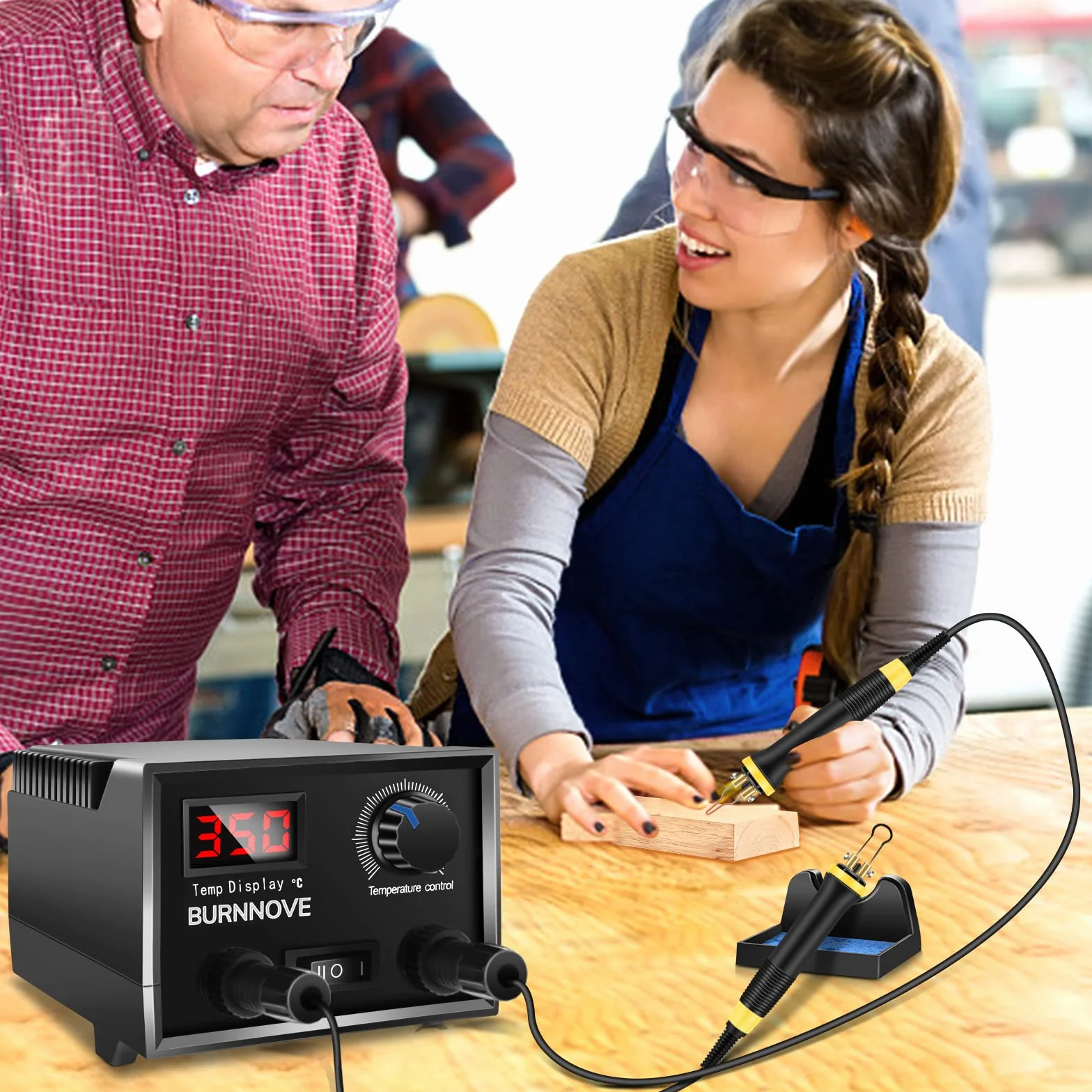 BURNNOVE Máquina de pirograbado 60W, 2 Bolígrafos, 33 Puntas de Alambre de Pirograbado, Doble Puerto, Kit Pirograbador de Madera Control de Temperatura Ajustable para Madera, Cuero, Grabado