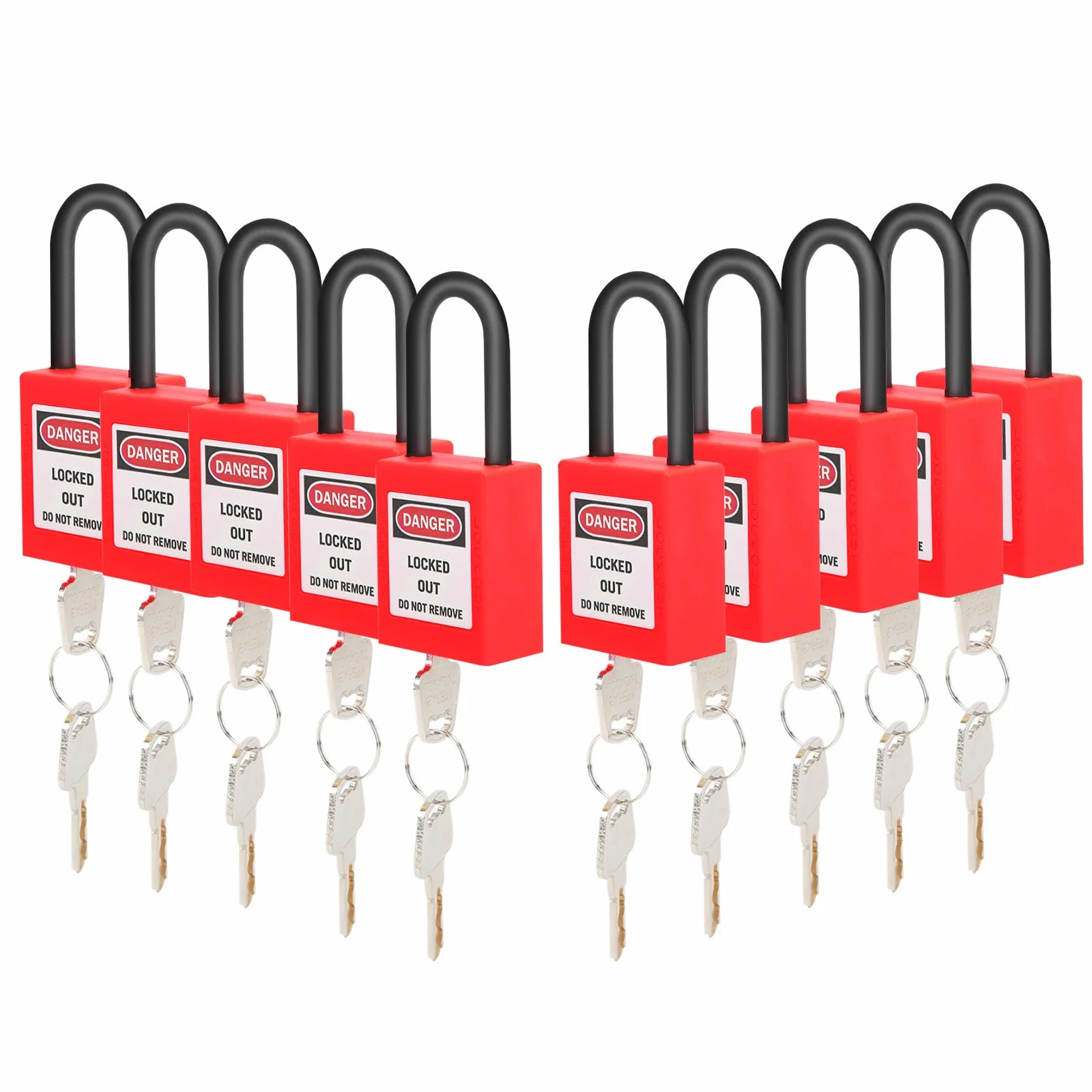 10 candados de cadena para Lockout Tagout de 38mm, Candado de seguridad Loto de nailon rojo con 2 llaves cada uno, Etiqueta escribible y impresión de advertencia para aplicaciones industriales