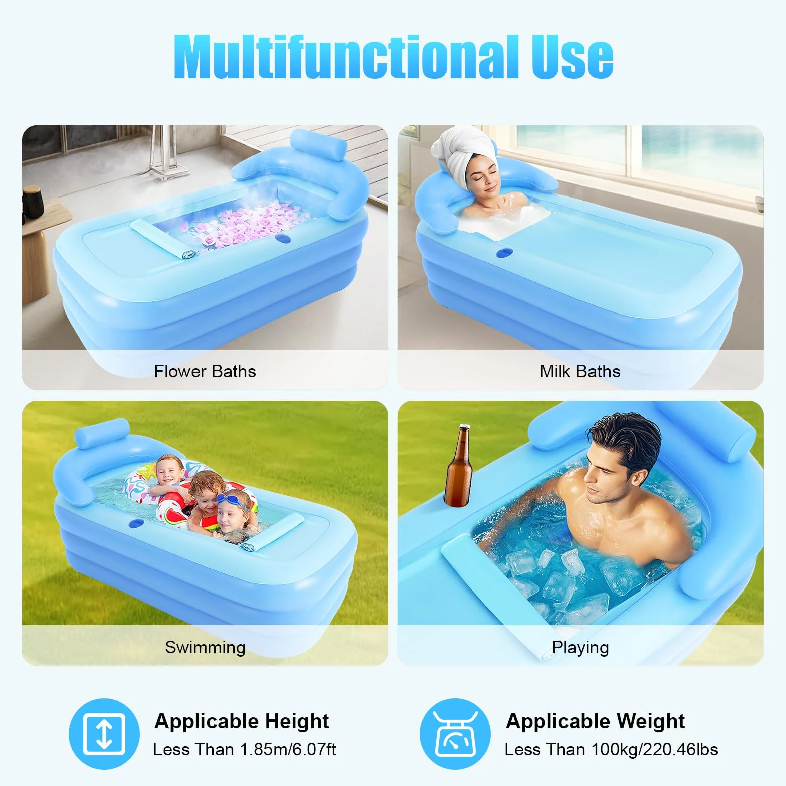 Bañera hinchable con cojín inflable, bañera de aire con soporte para bebidas, bañera plegable con función portátil plegable para adultos, adolescentes, azul