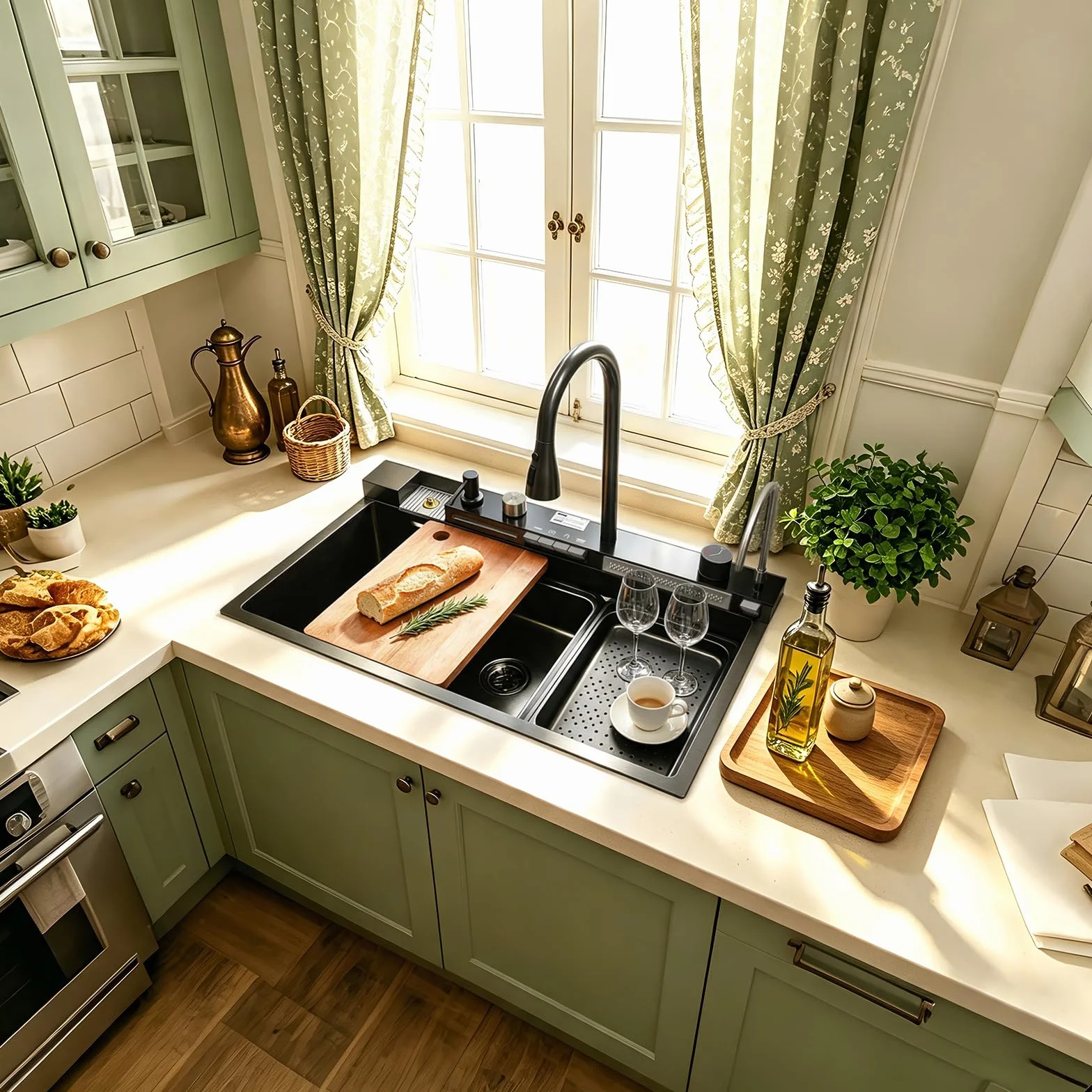 Fregadero de cocina de acero inoxidable multifunción de 80 x 50 cm – 2 cascada fregadero de agua, grifo extraíble, gran lavabo de cocina, con dispensador de jabón, con accesorios para