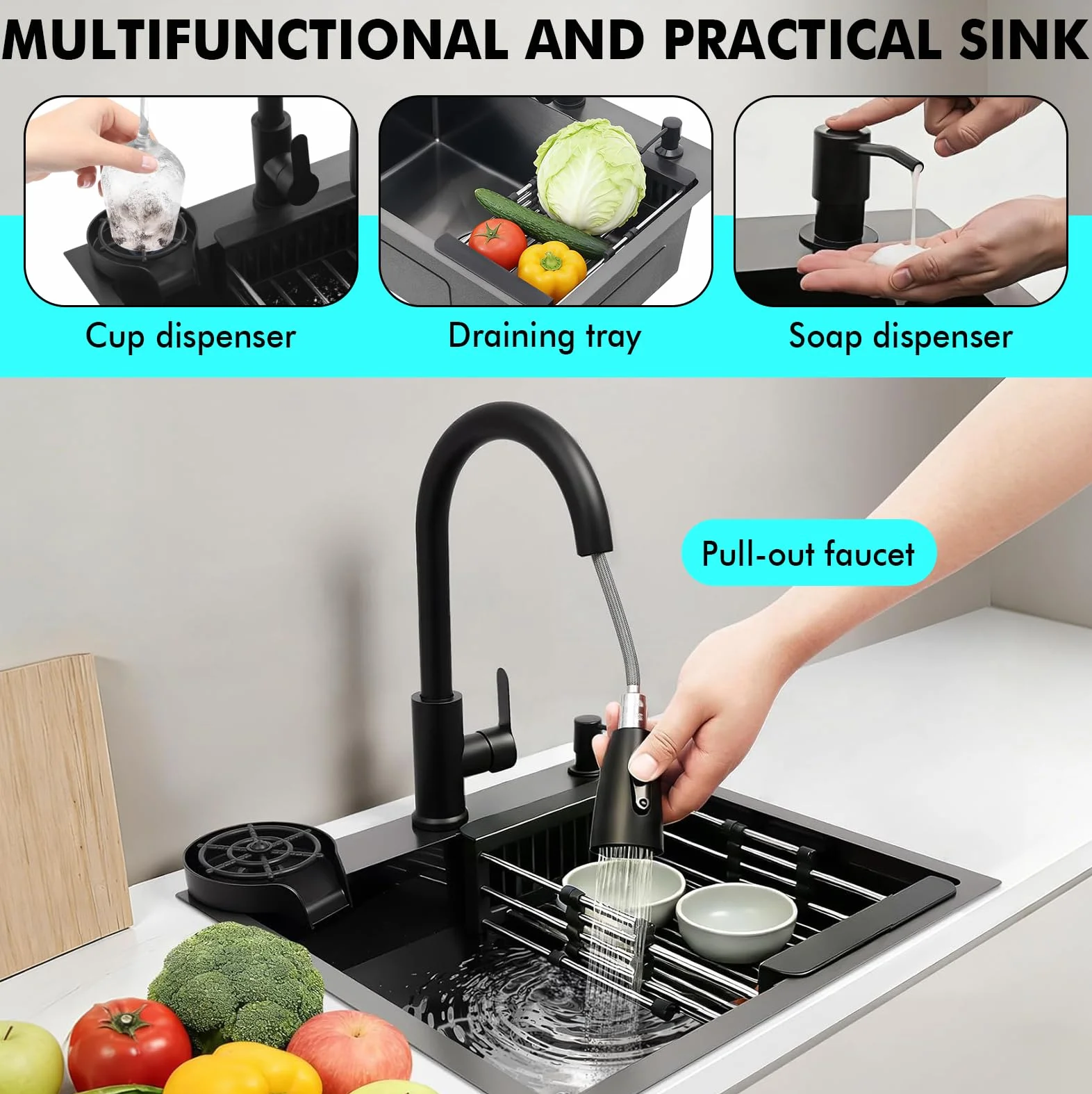 Fregadero negro 50x45 cm, fregadero de cocina de acero inoxidable, lavabo de cocina con grifo extraíble, dispensador de jabón, fregadero de cocina pequeño de acero inoxidable, fregadero empotrado incl