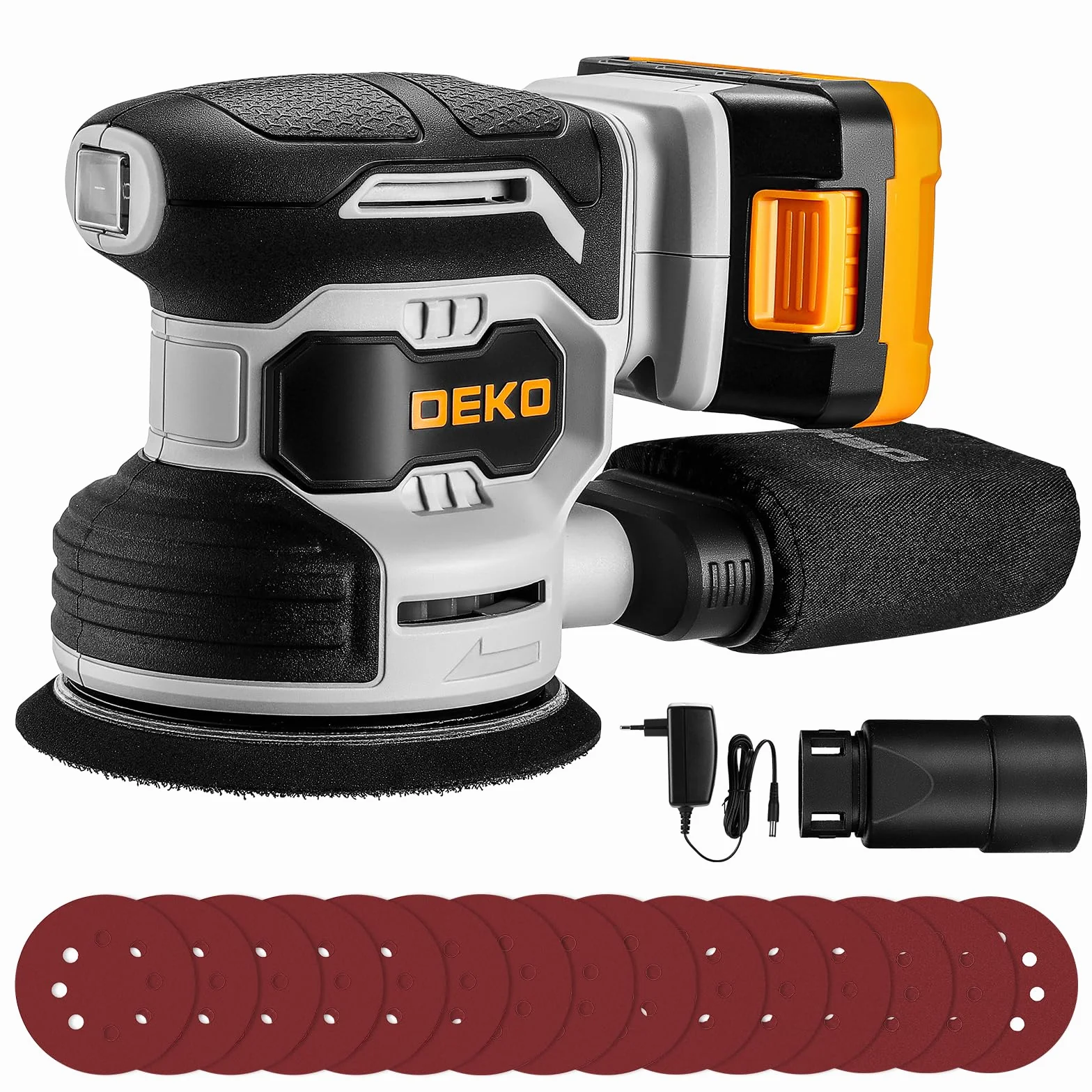 DEKOPRO 20V Lijadora Excéntrica Inalámbrica con 1 Batería de 2,0 Ah, Lijadora de 125 mm Madera 13000 RPM, Incluye 15 Hojas de Lija, Apta para Proyectos de Bricolaje en Madera, Gris