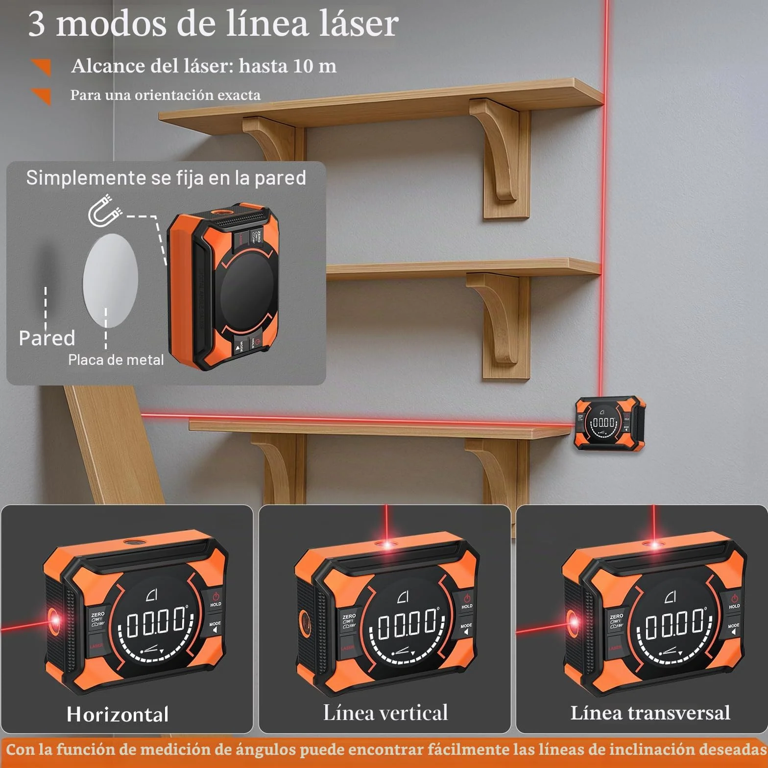 Inclinometro Digital con Laser Magnética Vertical, Horizontal, Impermeable IP54 Recargable 0-90°-180°, nivel de Burbuja de 10 m para Carpintería, Sierra Ingletadora, Marcos Colgantes