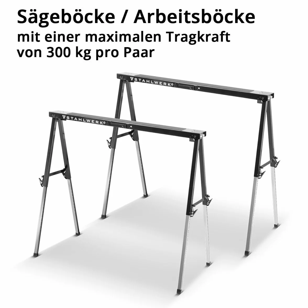 Caballete STAHLWERK SB-910 ST en un juego de 2 caballetes de metal con recubrimiento de polvo, altura ajustable de 645-910 mm, capacidad de carga de 150 kg y superficie antideslizante