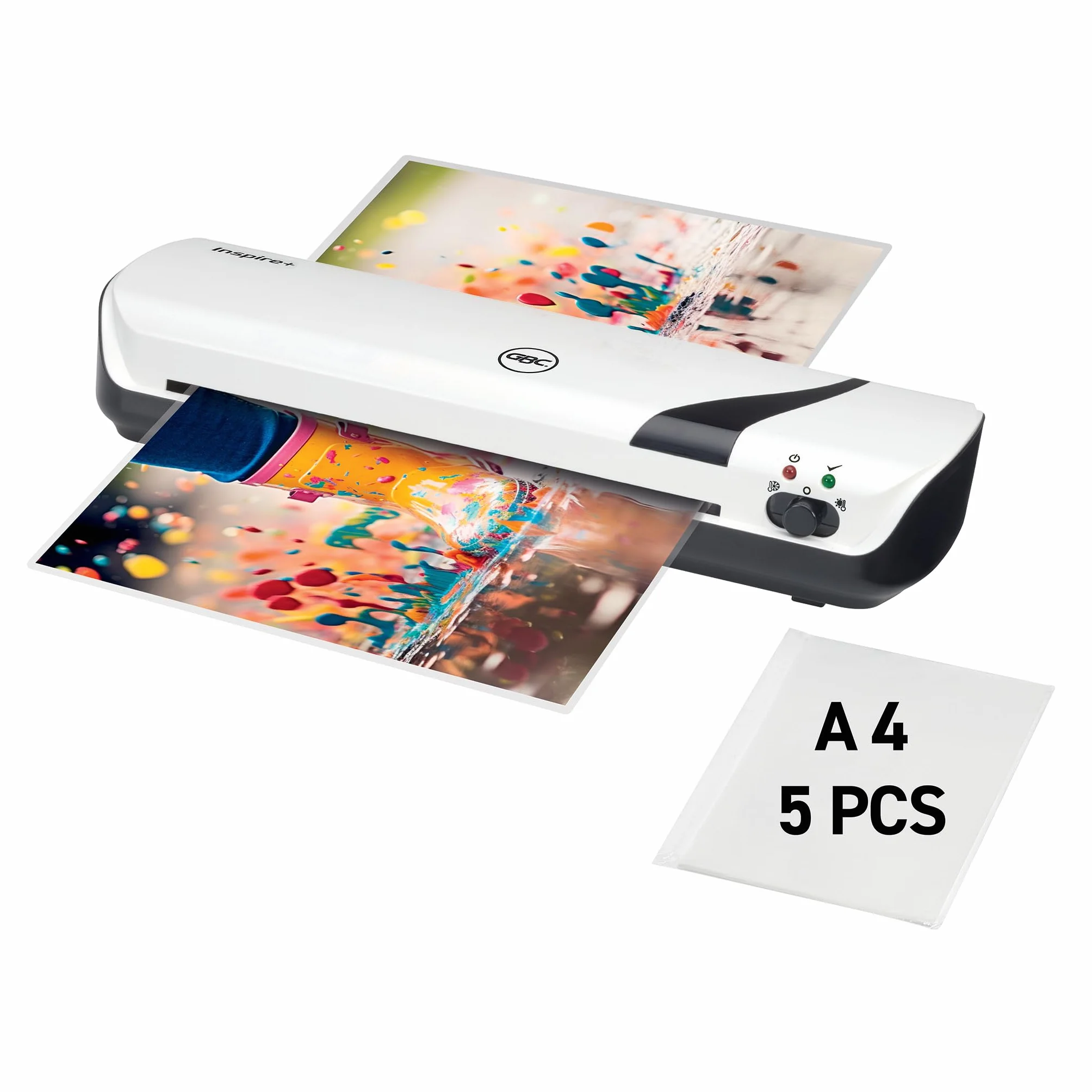 Plastificadora Inspire+ A4 Compacta, Calentamiento Rápido 4 Minutos, Modo Frío, 2x75-125 Micras, 5 Fundas, Blanco