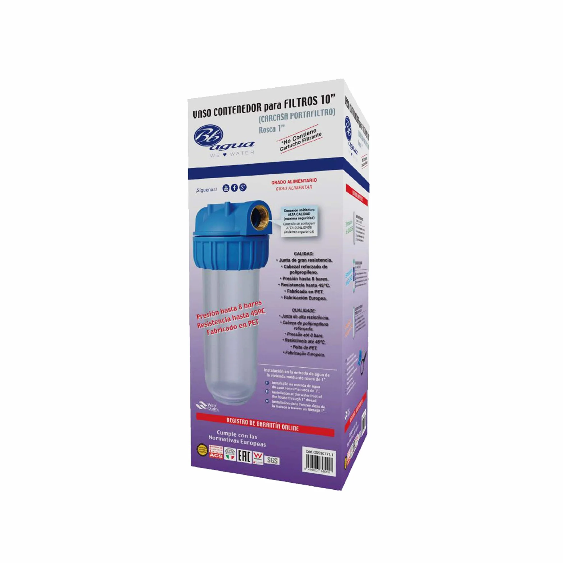 Filtro de agua de 10" Rosca Metal de 1" con soporte para pared y llave para cambio de Cartucho o Filtro. No Incluye Filtro. Fácil Instalación y Mantenimiento. Bbagua.