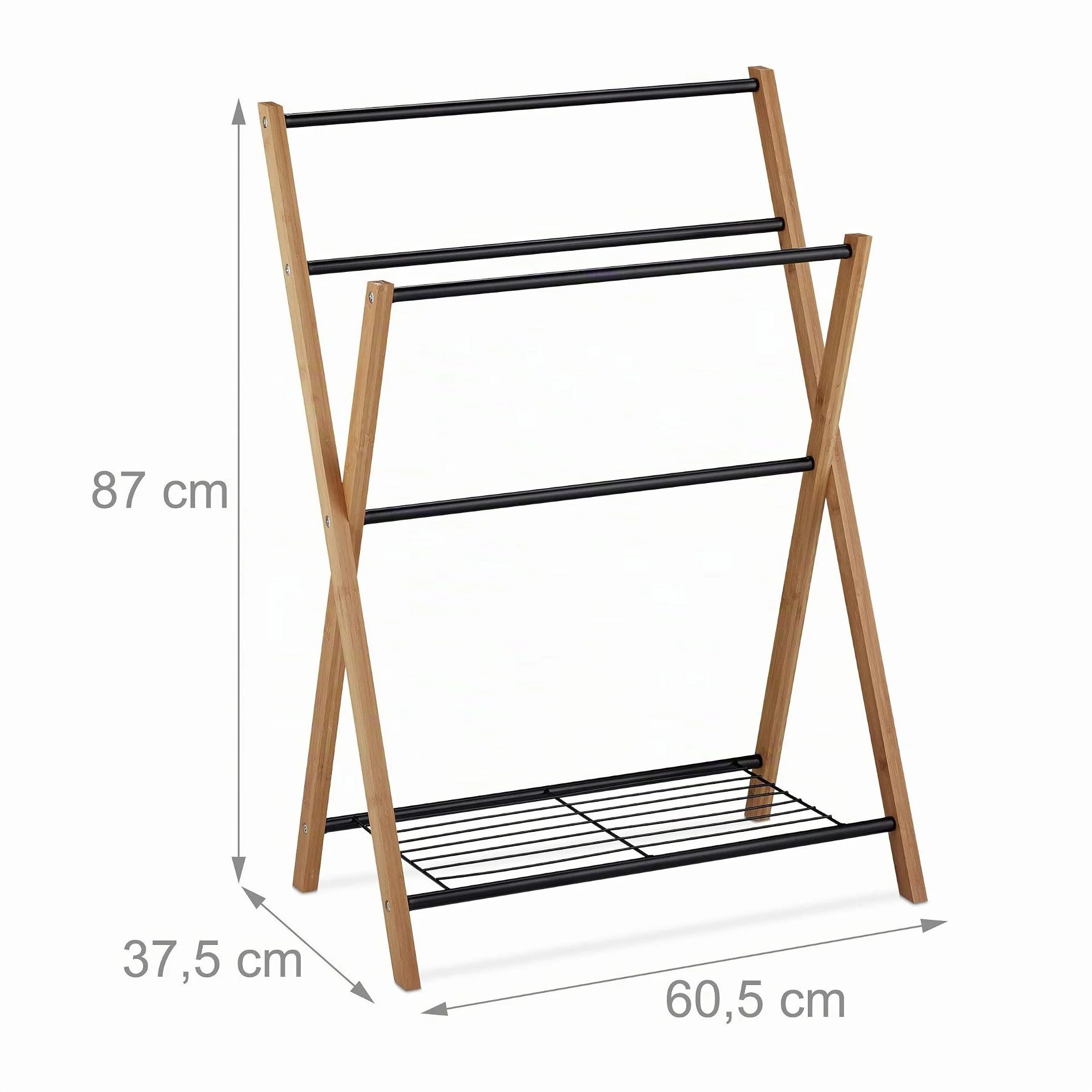 Relaxdays Toallero de Pie con 4 Barras, Bambú-Metal, Negro-Marrón, 87 x 60,5 x 37,5 cm