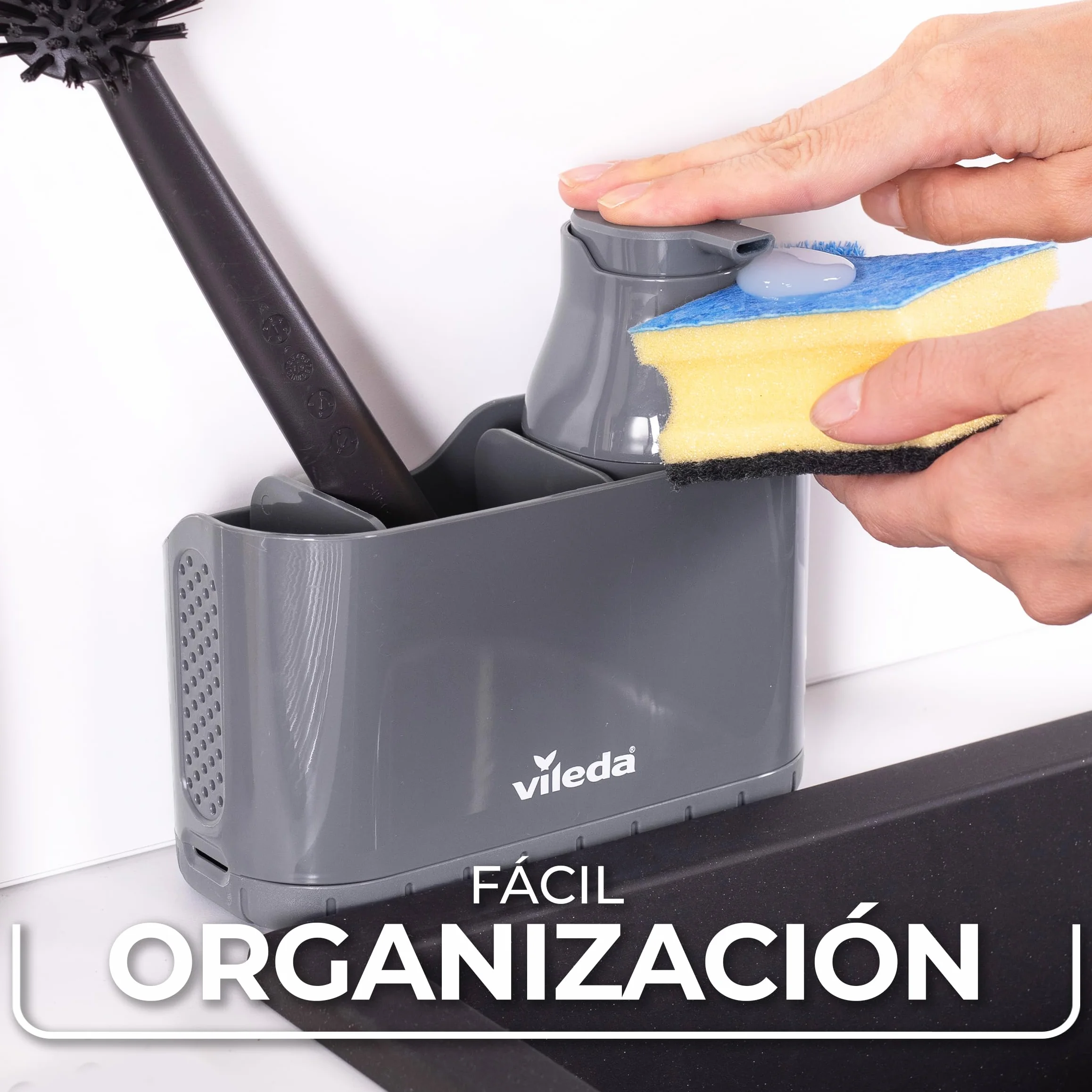 Vileda Organizador de Fregadero con Dispensador de Detergente - Soporte de pie para esponjas y cepillos con dosificador de jabón - Organizador de cocina de plástico con divisores ajustables