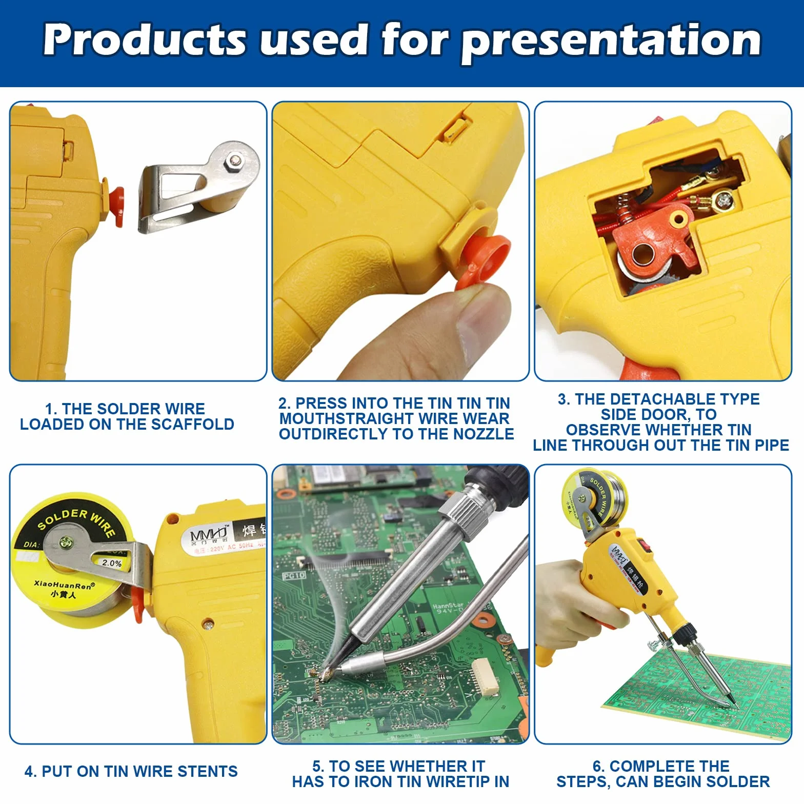 Kit de pistola de soldadura electrónica de 60 W con 5 puntas, bomba desoldadora, pinzas, cables de soldadura, soporte y destornillador Phillips para electrónica, reparación (amarillo)