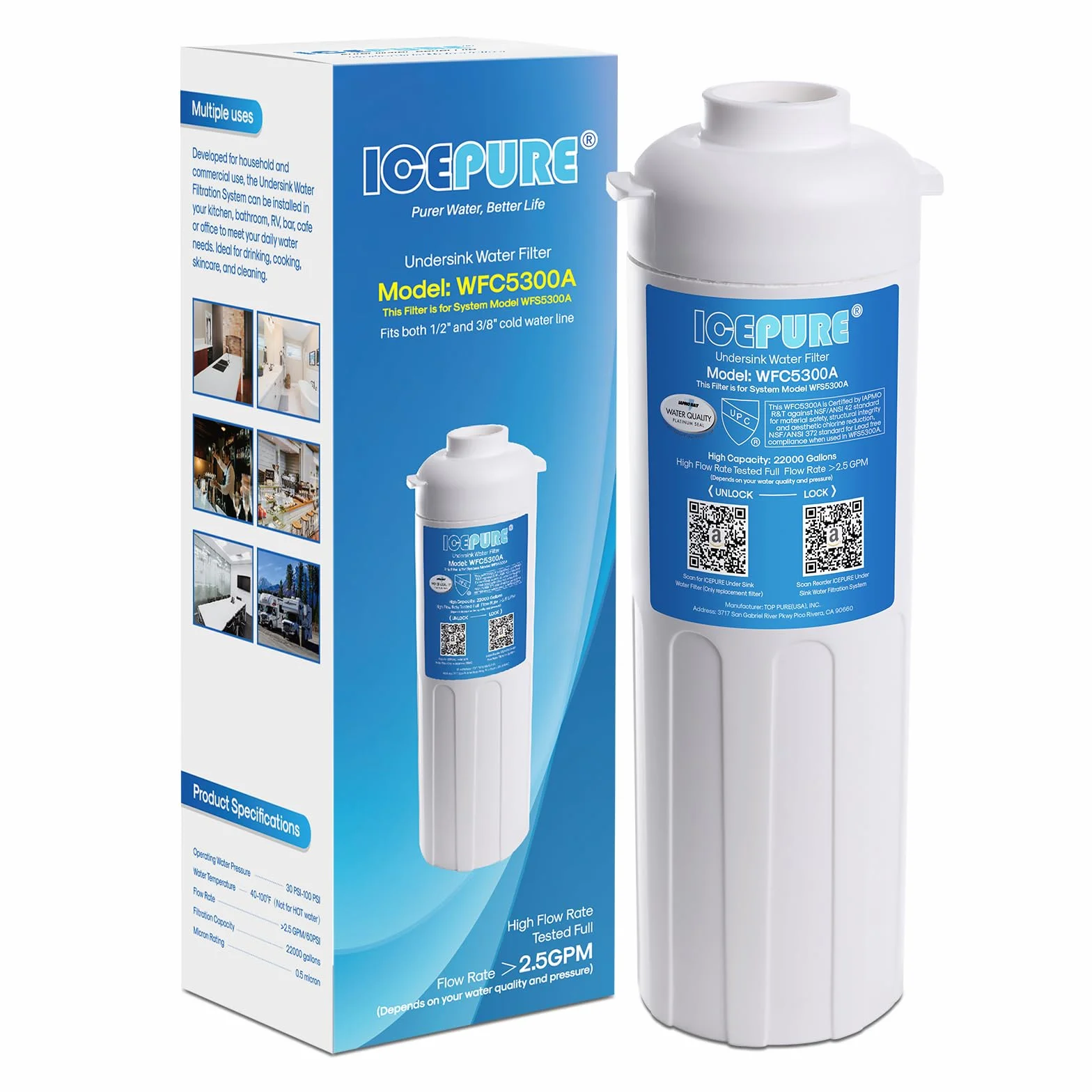 ICEPURE WFS5300A sistema de filtro de agua debajo del fregadero, grifo principal de 20 K galones de capacidad ultra alta bajo sistema de filtración de agua, mal sabor, 0.5 micras