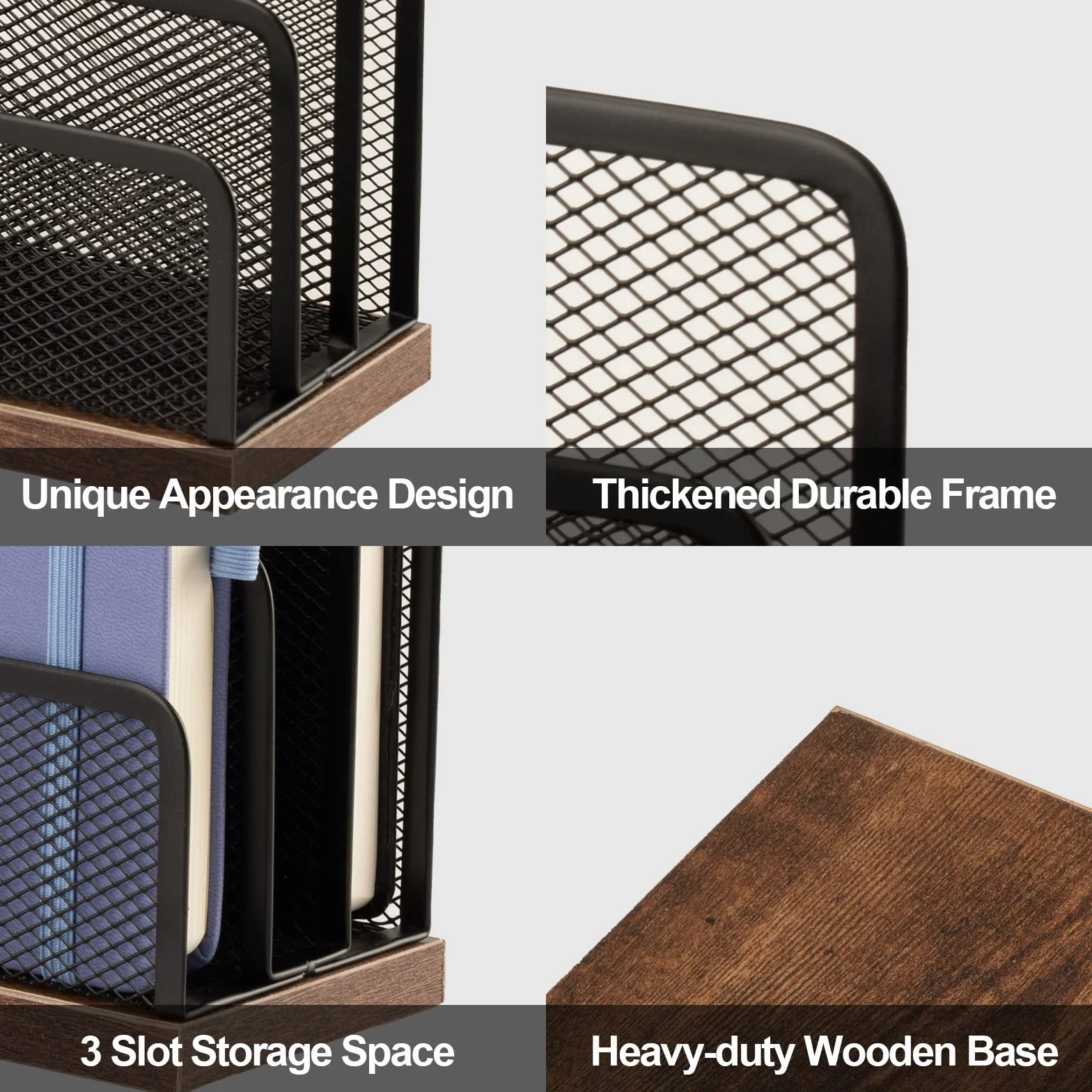 Organizador de correo de escritorio de madera y metal, 3 compartimentos verticales para archivos y cartas