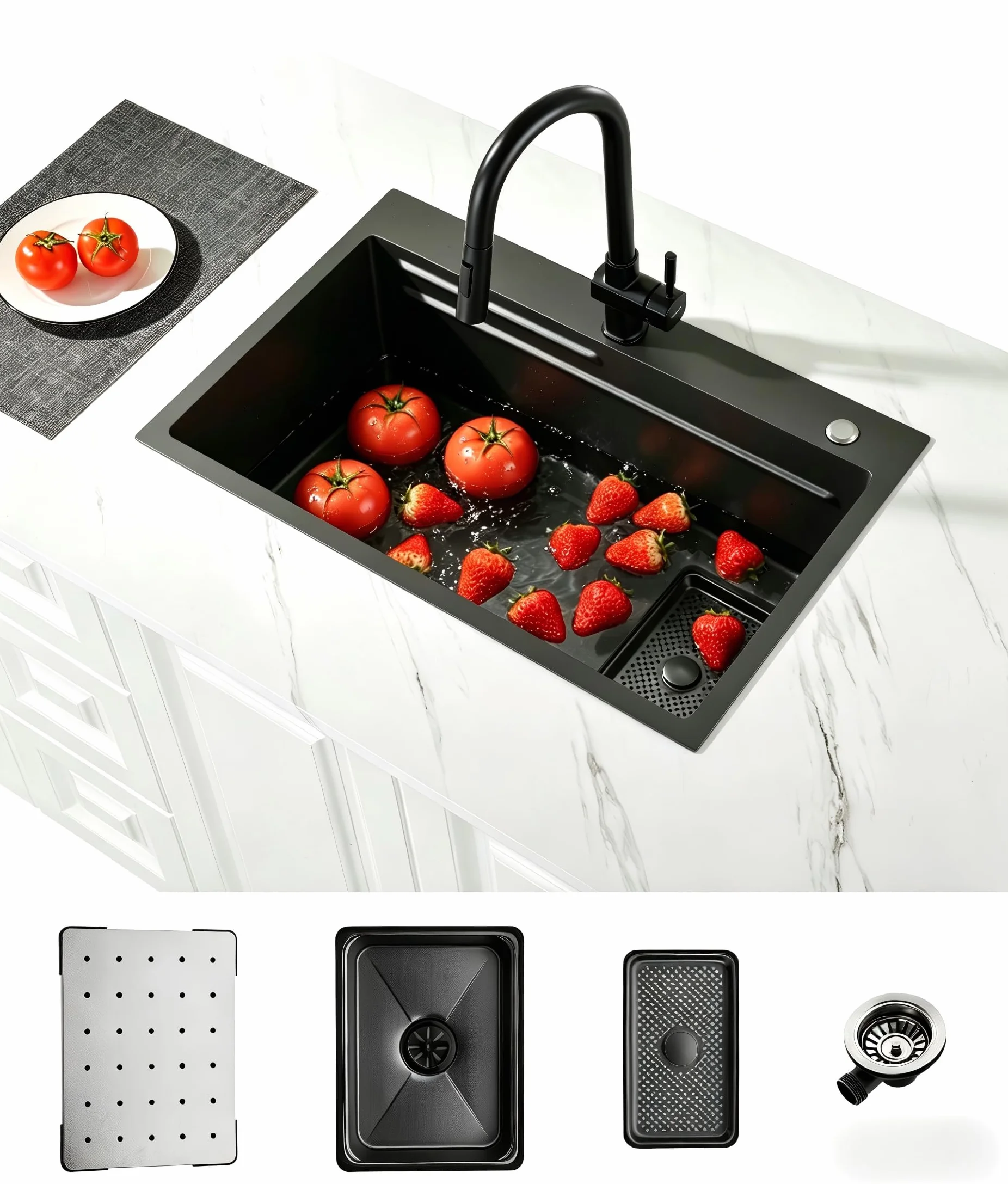 Fregadero Cocina Negro Acero Inoxidable 70×45cm,Fregadero Cocina 1 Seno,2 Orificios para Grifo,Kit Completo con Canasta,Bandeja de descongelación,Cestade Desagüe,Sifón
