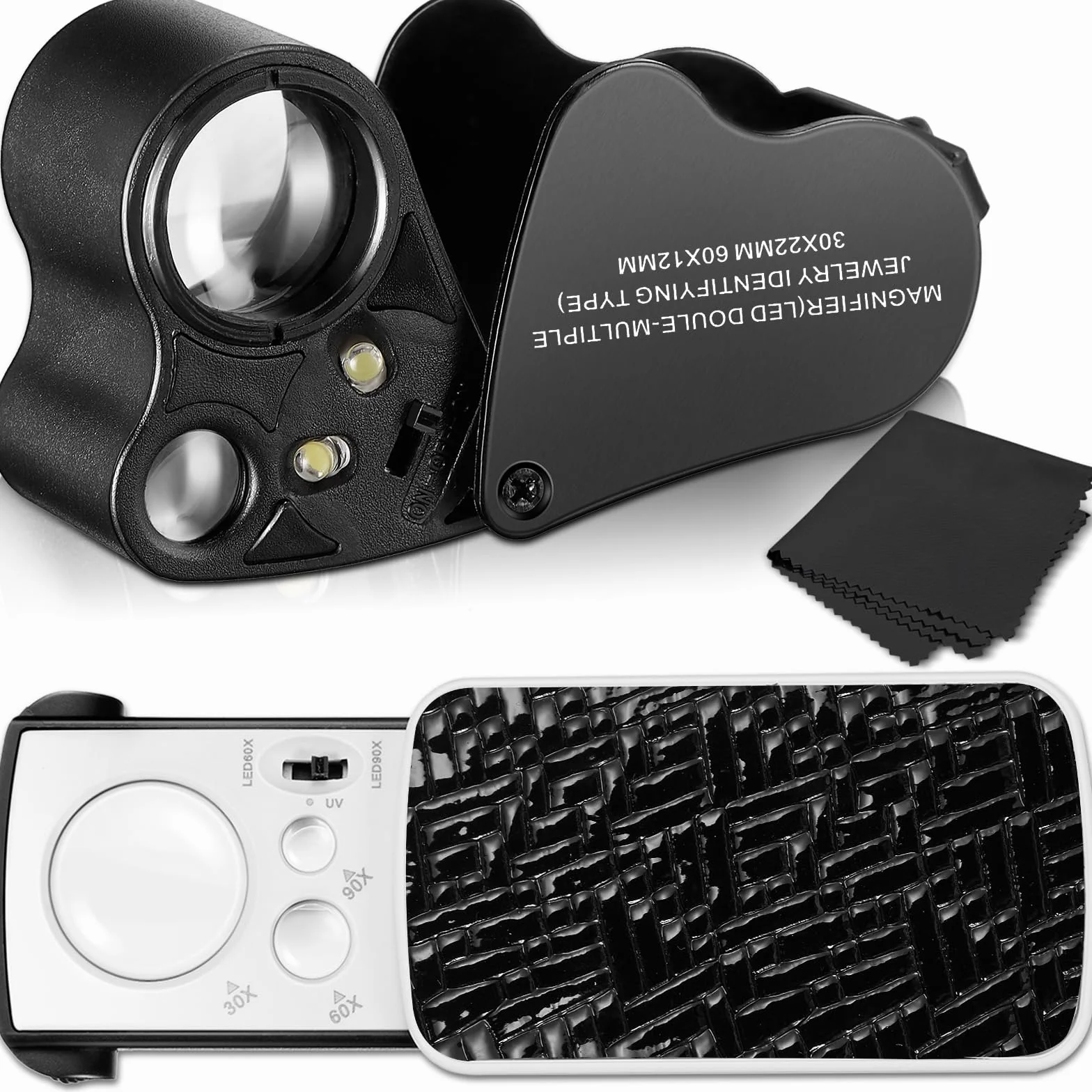 2 Piezas Lupas de Joyeros de 30X 60X 90X Lupa de Ojo de Joyeros Iluminada Lupa de Joyería de Círculo con Luz UV Negro y Luz LED Brillante para Gema Diamante Moneda Sello (Negro)