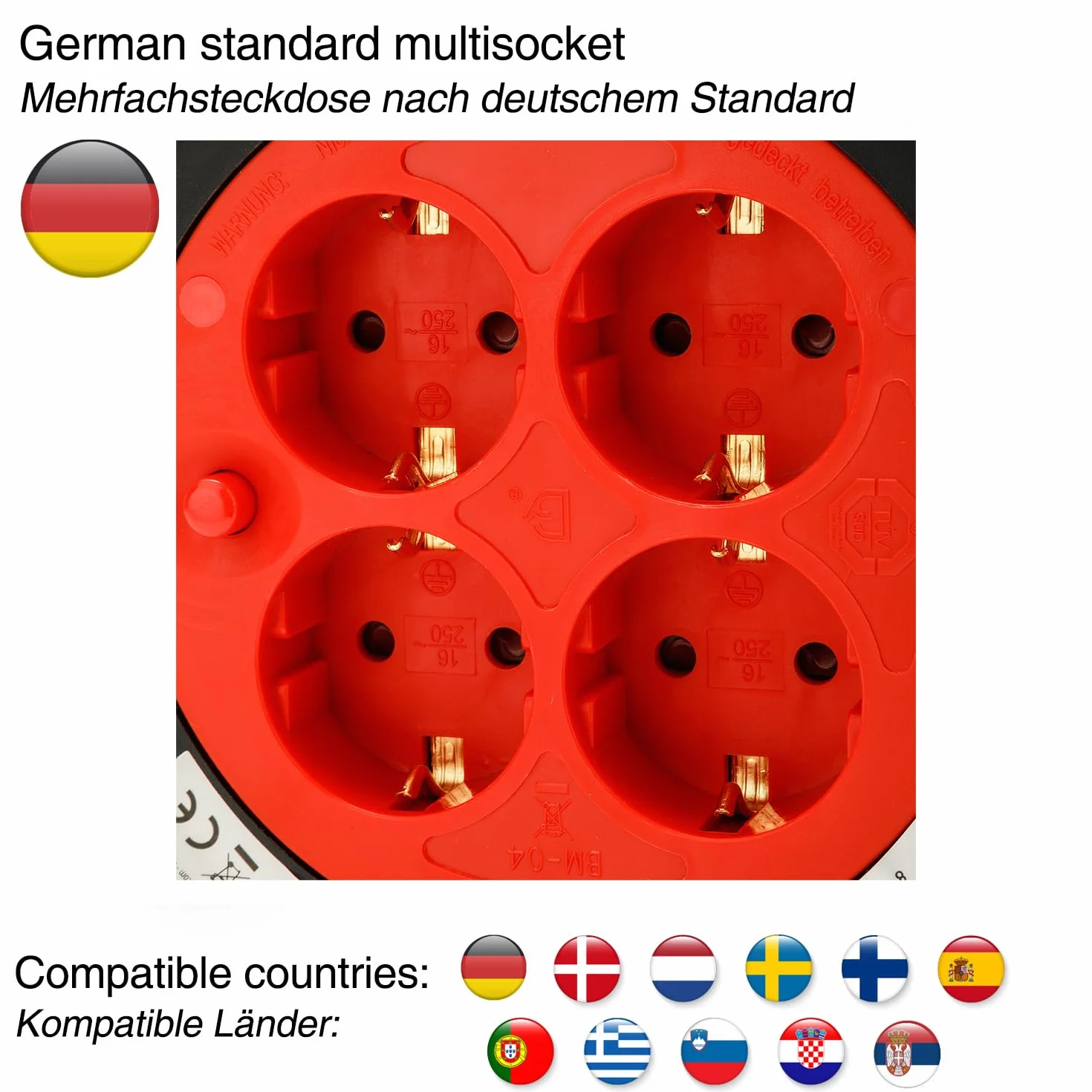 Carrete de cable DIY 4 enchufes estándar Schuko, cable H05VV-F3G1.5MM2, 15M, CE