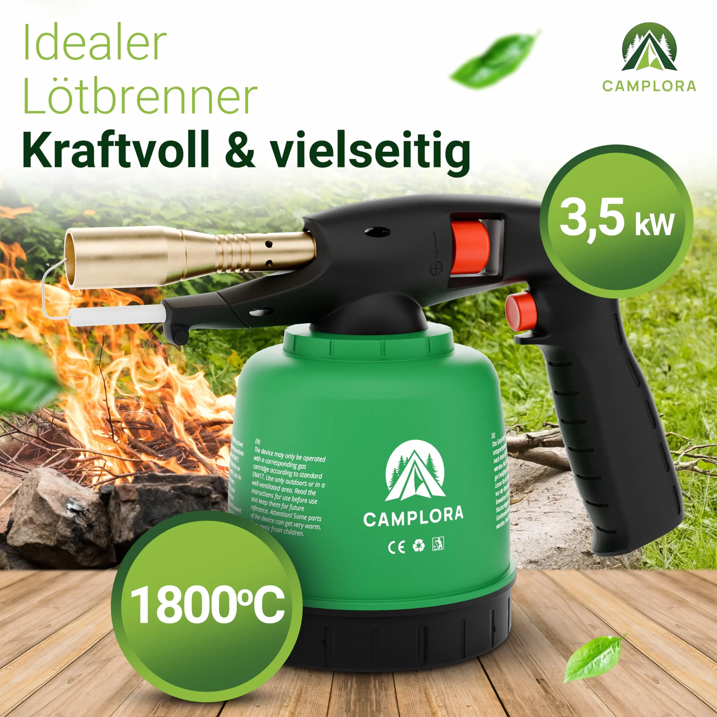 CAMPLORA Soplete Con Encendido Piezoeléctrico y 10 Cartuchos de 190g, Quemador de Gas Para Taller, Soldador Bunsenbrenner
