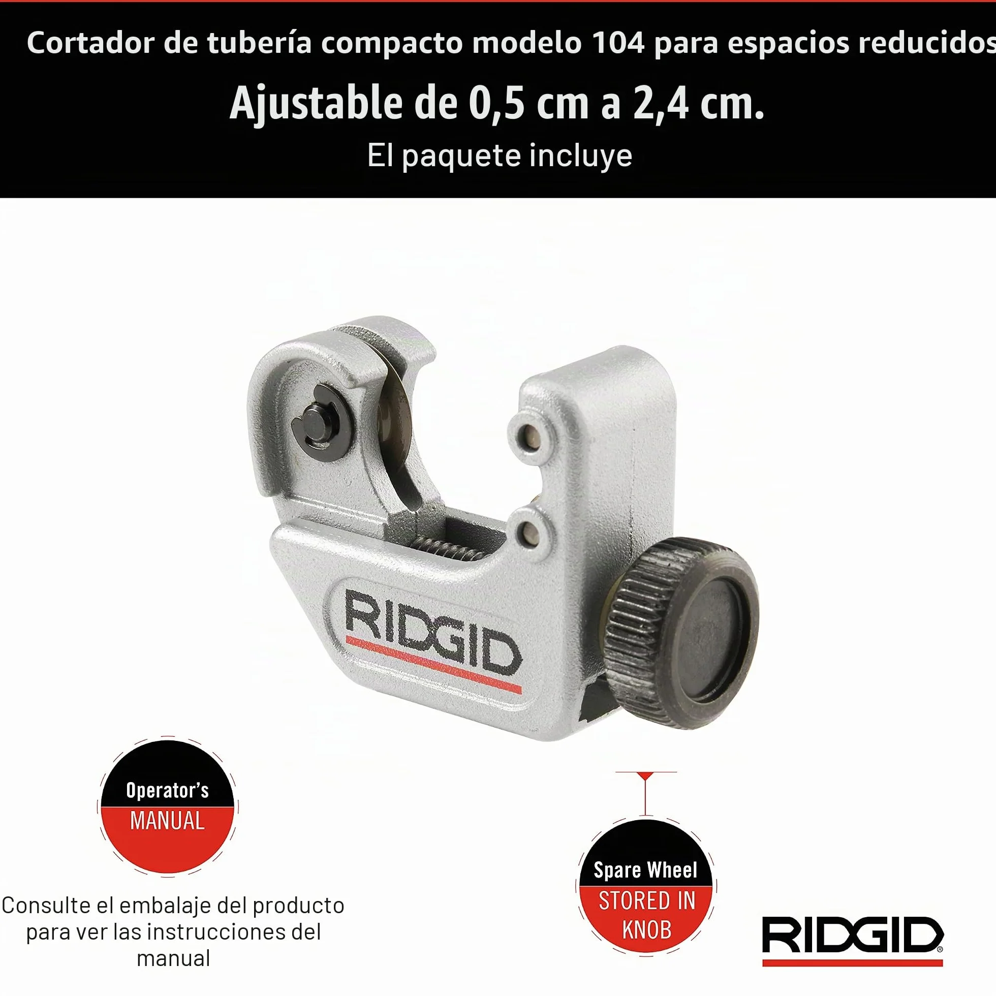 RIDGID 32985 Modelo 104 Cortador de tuberías para espacios estrechos, cortador de tubos de 4,8 mm a 23,8 mm