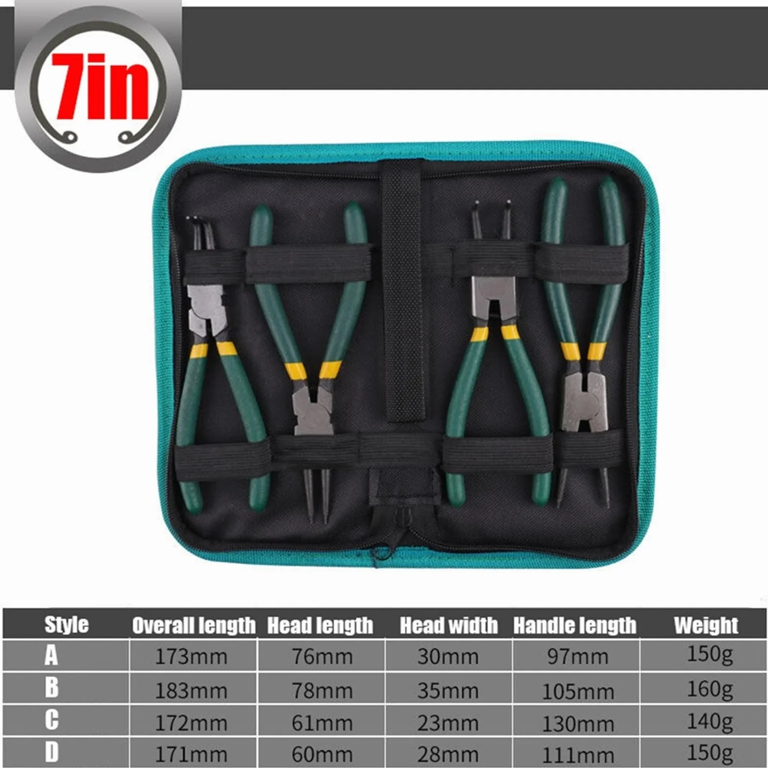 Juego de 4 Uds alicates circulares con bolsa almacenamiento, punta larga 7 pulgadas, curvados rectos, herramienta removedora anillos a presión retención interior y exterior(B-7in)