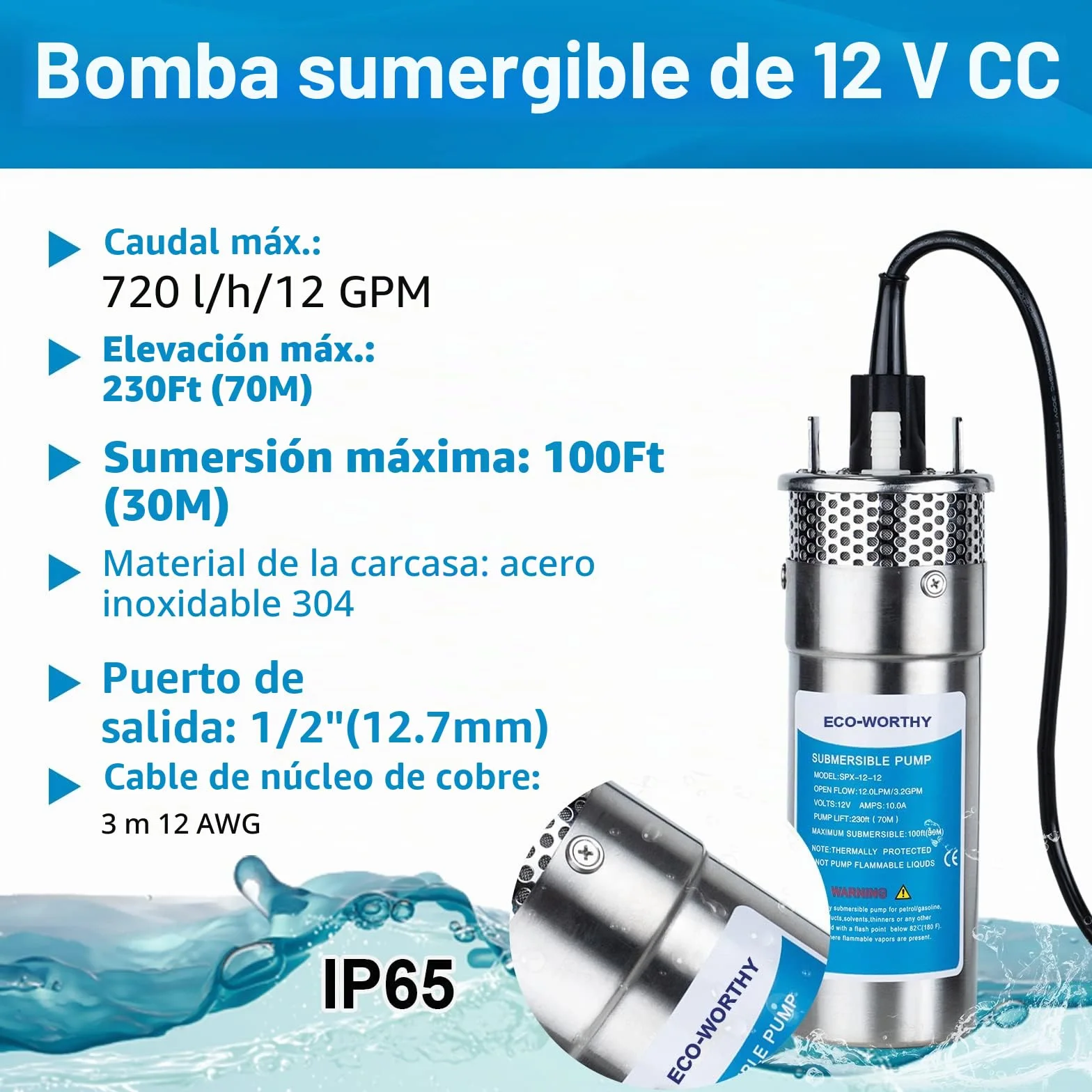 DCHOUSE Bomba Sumergible Acero Inoxidable 12V 230 Pies Elevación 100 Piles Pozo Profundo Agua Solar