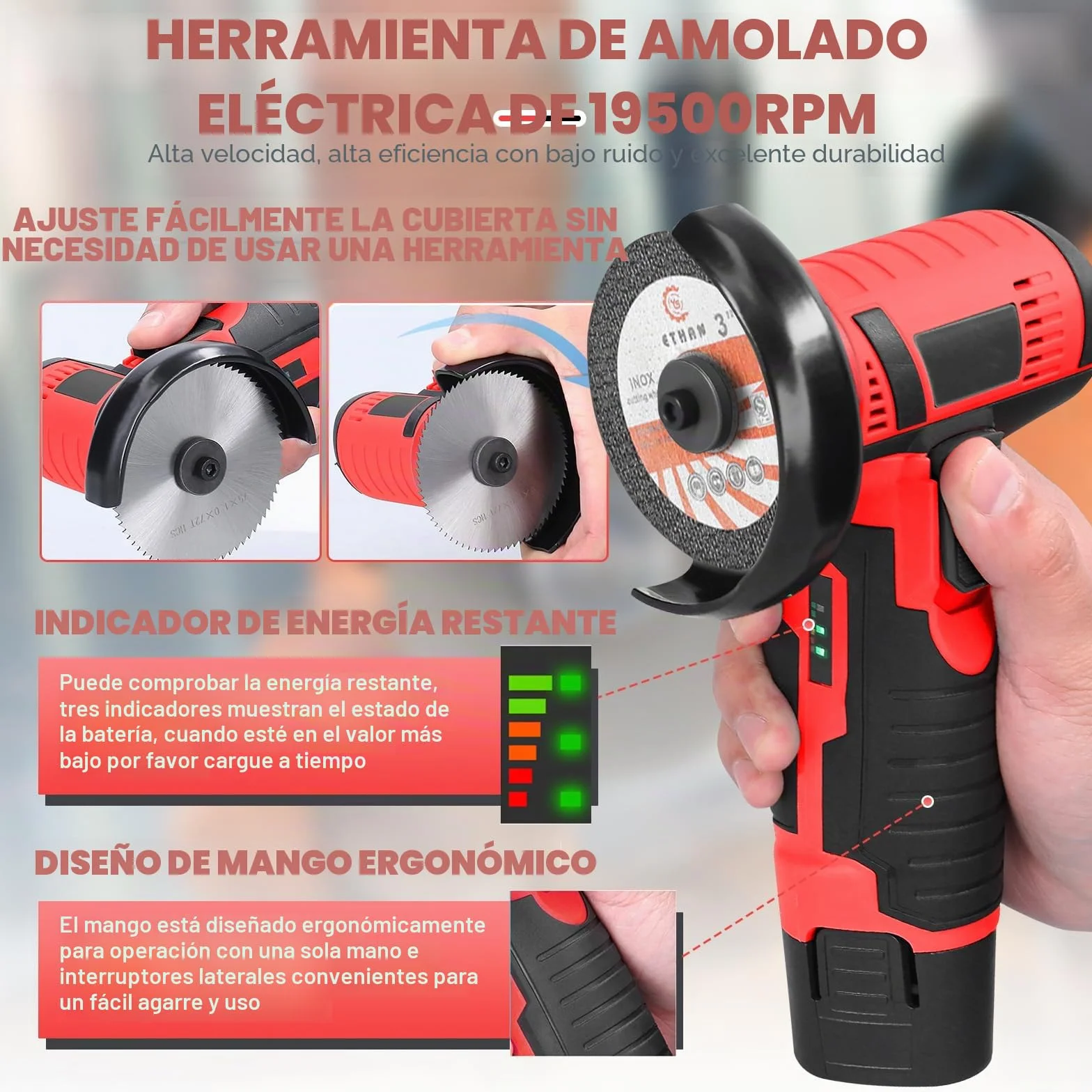 Mini Amoladora Bateria, Amoladora Angular 12V 19500 RPM con 2 Baterías de 2000mAh & 6 Bandejas de Corte, Amoladora Pequeña Eléctrica para Cortar, Pulir y Lijar