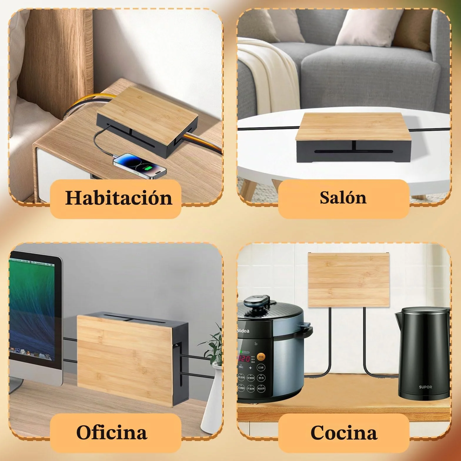 DBREAKS Caja de gestión de cables y organizadora de cables con tapa magnética de bambú y bridas, caja para montaje en la pared