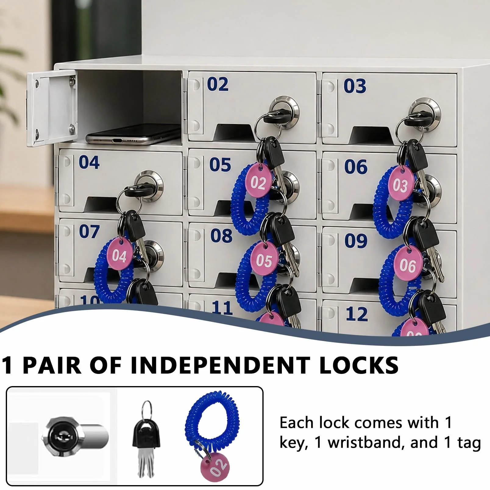 Guarda-Móviles 12 Compartimentos, Caja de Pared con Llave y Puerto Carga, Armario para Teléfonos Móviles