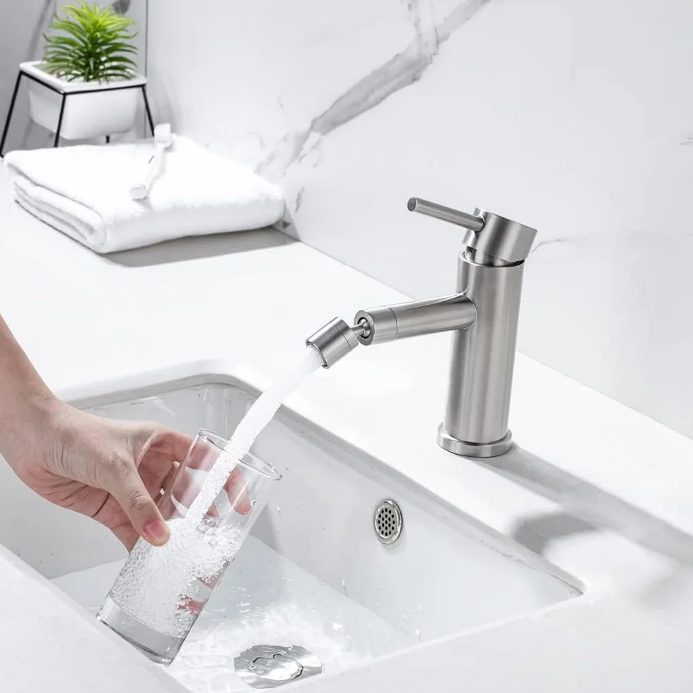 ONECE Grifo para Lavabo y Bidé, Mezclador de Baño con Rociador de Caño Giratorio, Grifería Monomando Cepillado, Aireador Extraíble, Agua Fría y Caliente, Acero Inoxidable 304