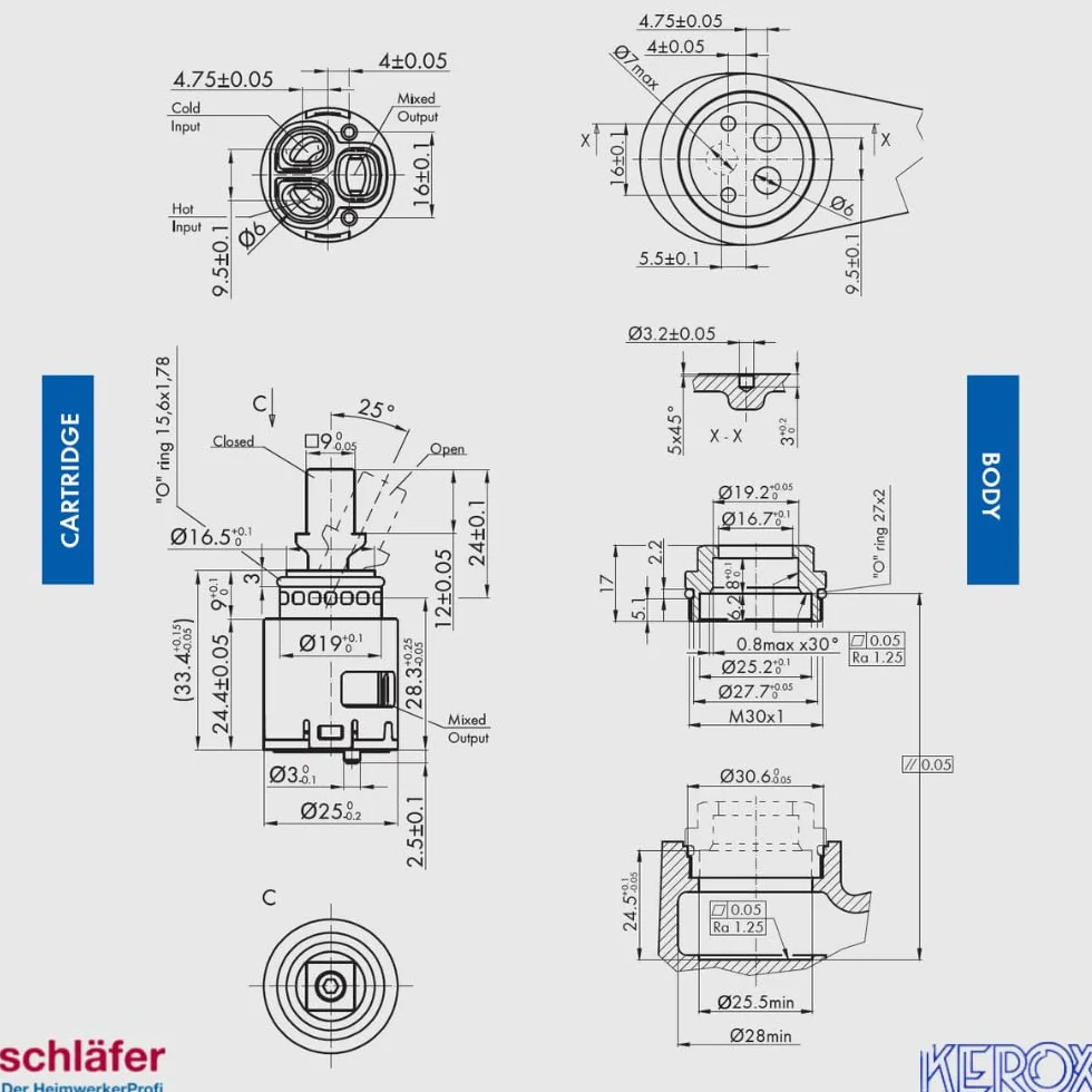 Schläfer 480051 | Cartucho mezclador de 25 mm, cartucho de repuesto para mezcladores de cerámica baja con 2 patas, para grifos mezcladores de cocina, baño, ducha y bañera, modelo Kerox K25 Ops