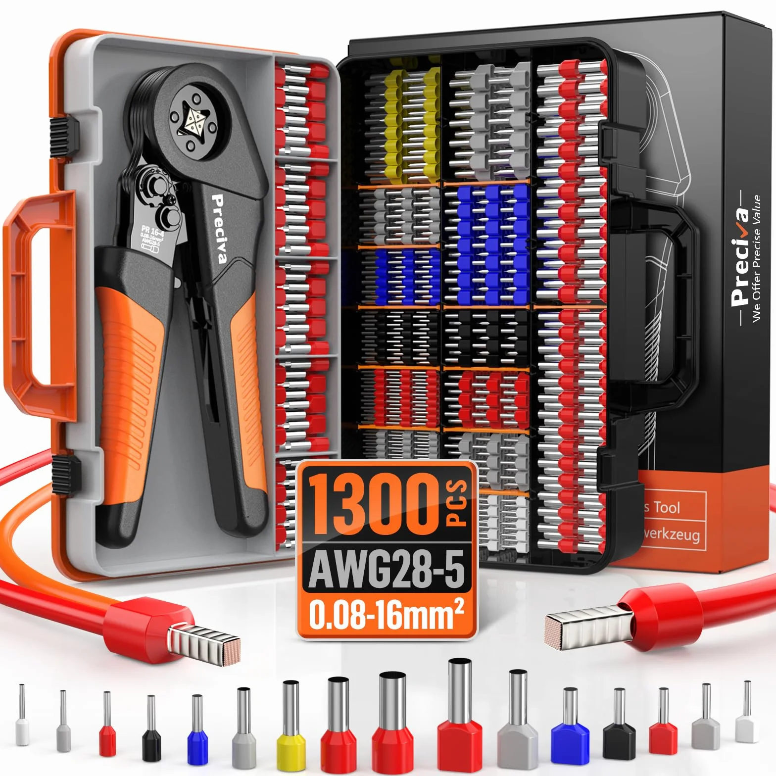Preciva Crimpadora Terminales Electricos 0,08-16 mm² con Terminal de 1300 con un solo cable y dos cables, Juego de alicates de corte, ajustables, para la industria, Alicates de corte bricolaje