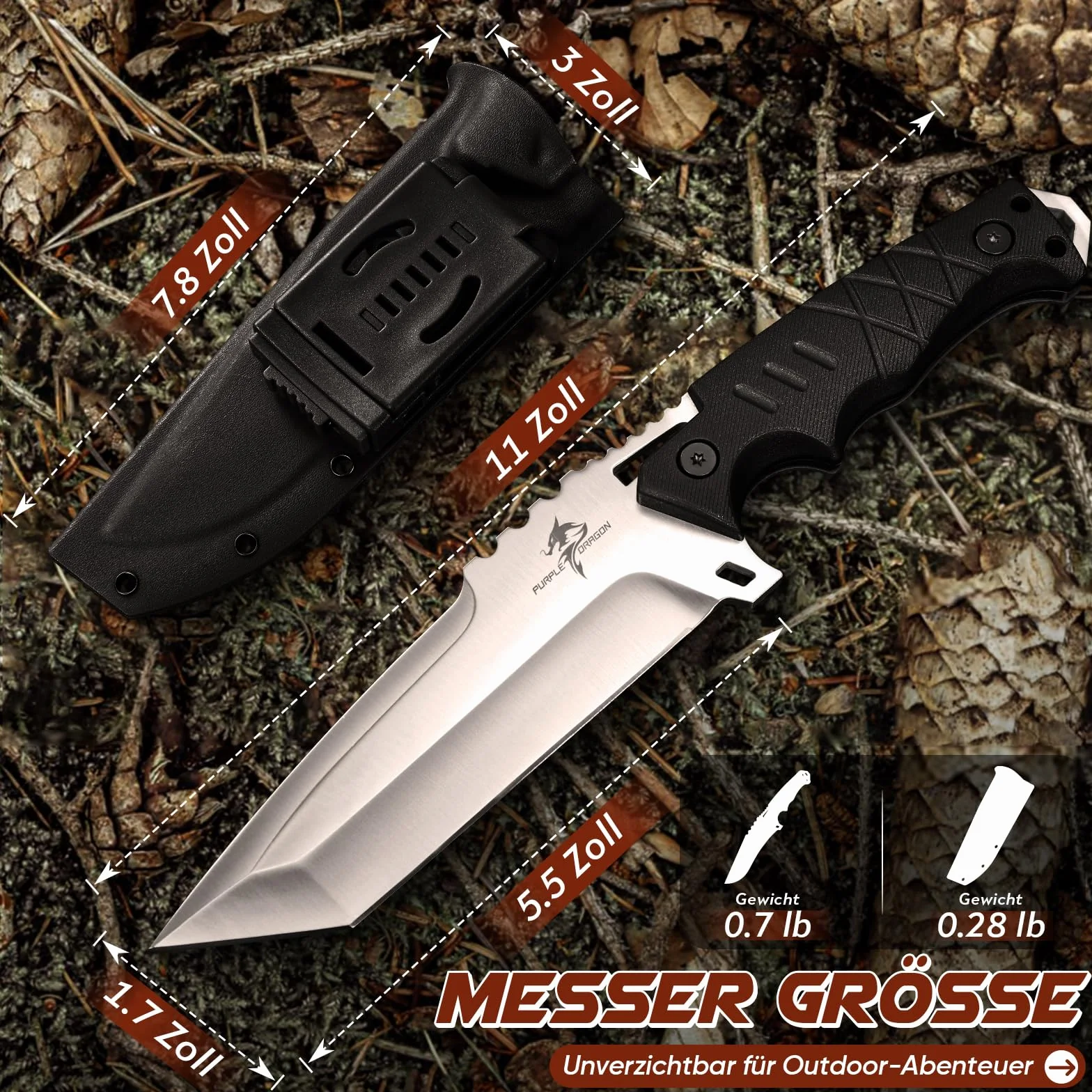 Cuchillo de Supervivencia Zircon Dragon para Exteriores - Con funda Kydex, hoja fija de acero D2, estilo Jungla de espiga completa y mango de G10. Ideal para camping y como regalo para hombres.