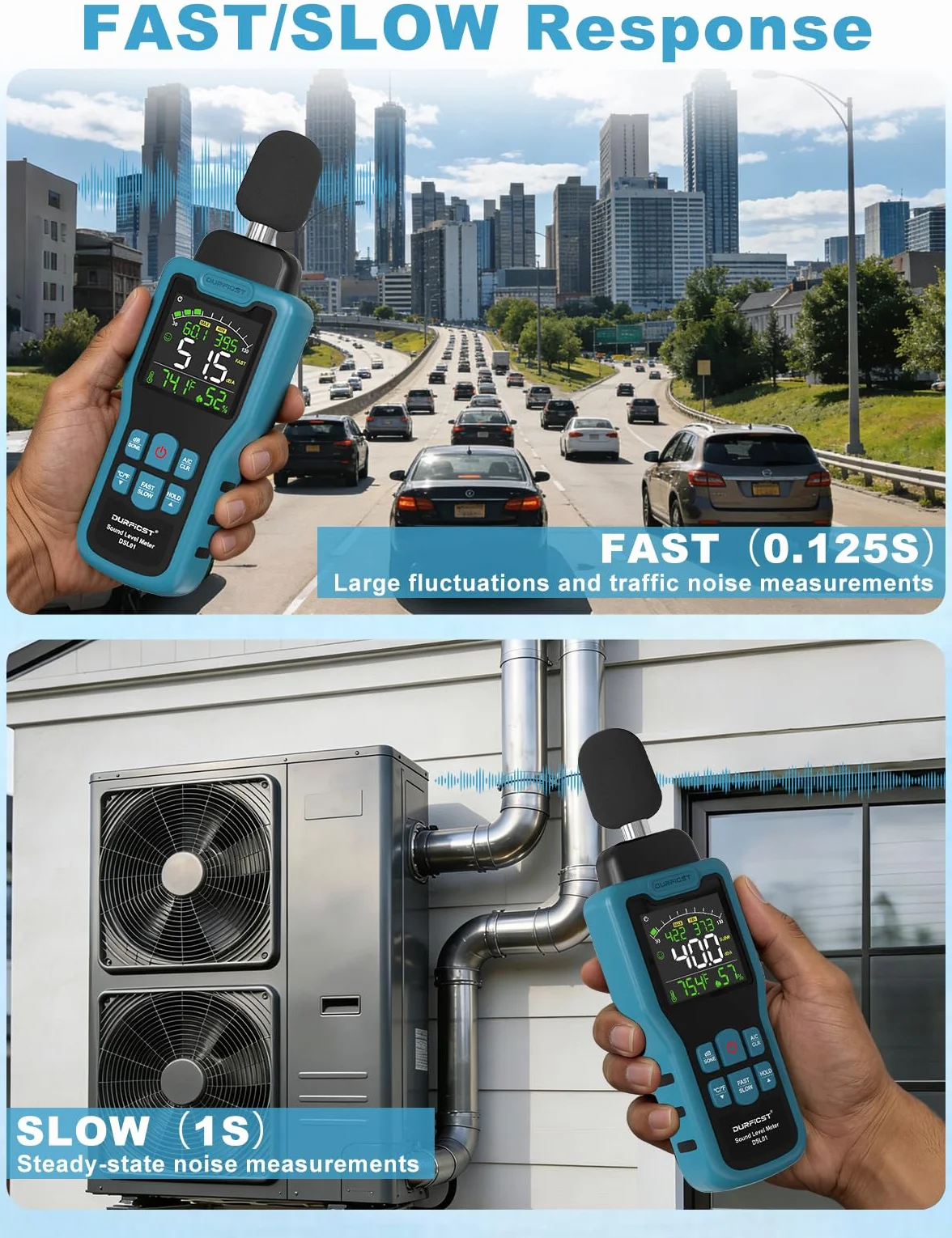 Sonometro, DURFICST Medidor de Decibelios con Temperatura y Humedad, Rango de 30-130 dB, Decibelimetro con Pantalla LCD a Color, Ponderación A/C, Unidad dB/SON, Respuesta RÁPIDA/LENTA, para Doméstico