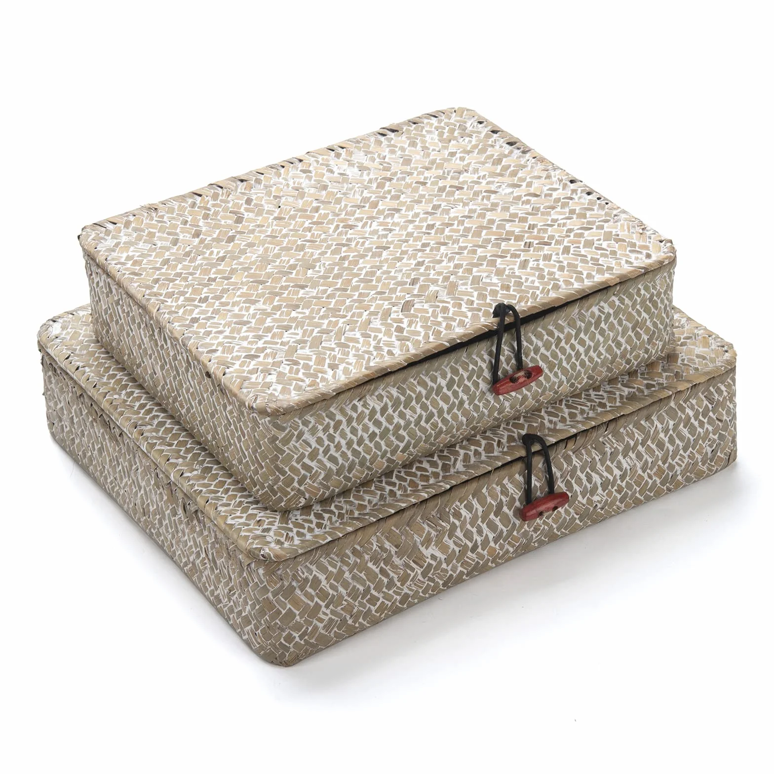 Cesta Almacenamiento con Tapa Seagrass Ratán Cestas de Mimbre Rectangular 2 Piezas (Grande + Pequeño)