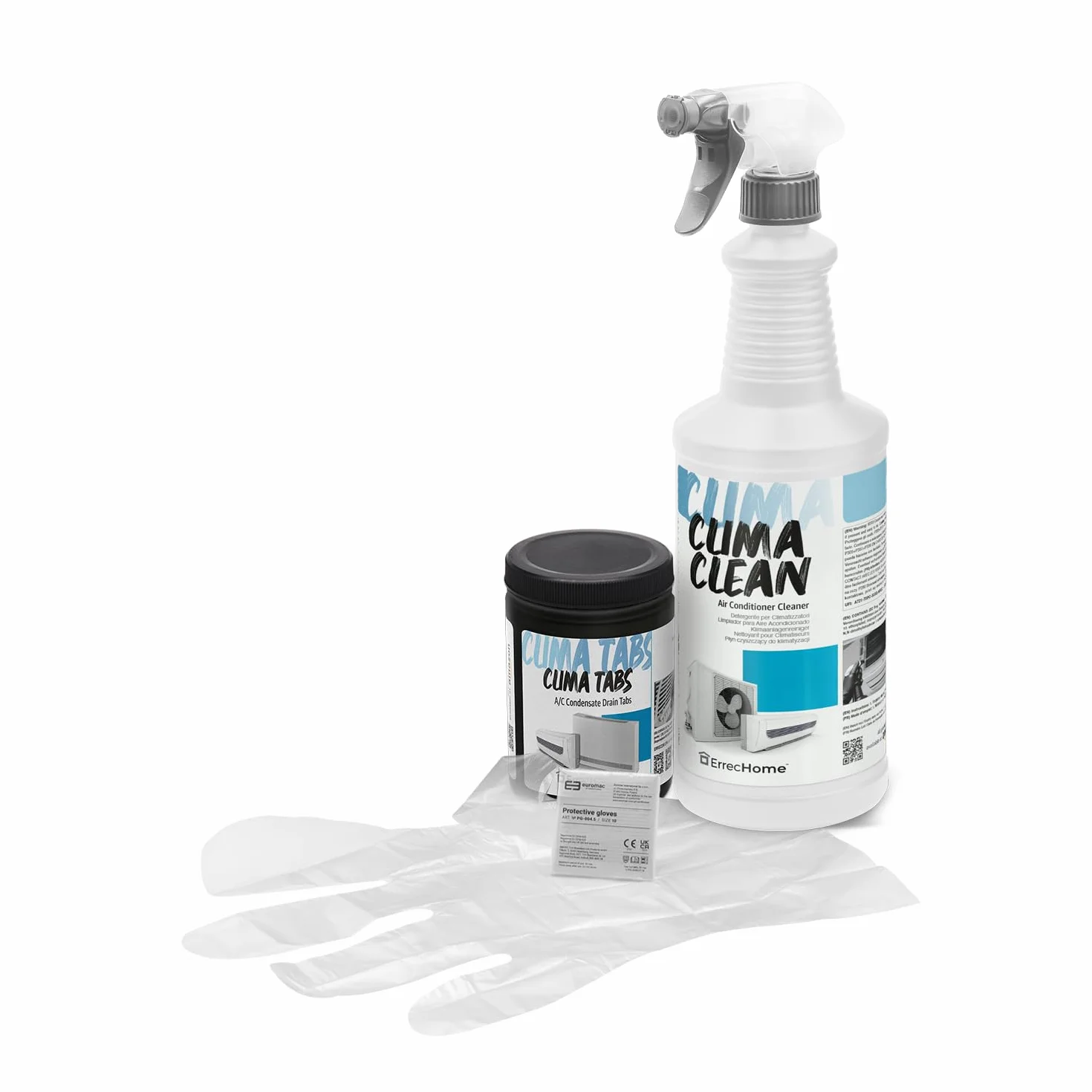 ErrecHome Kit limpieza aire acondicionado, incluye detergente Clima Clean 1L limpieza de unidad interna y filtros y Clima Tabs 40 pastillas aire acondicionado de acción prolungada, guantes incluidos